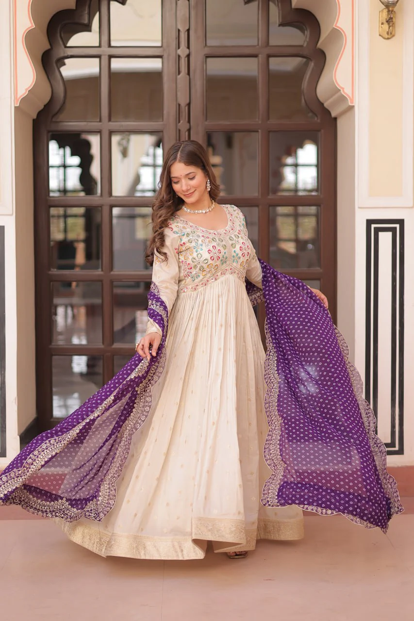 Cosmos weaving Jacquard with Pearl Beads Embroidered work Gown - Image 2