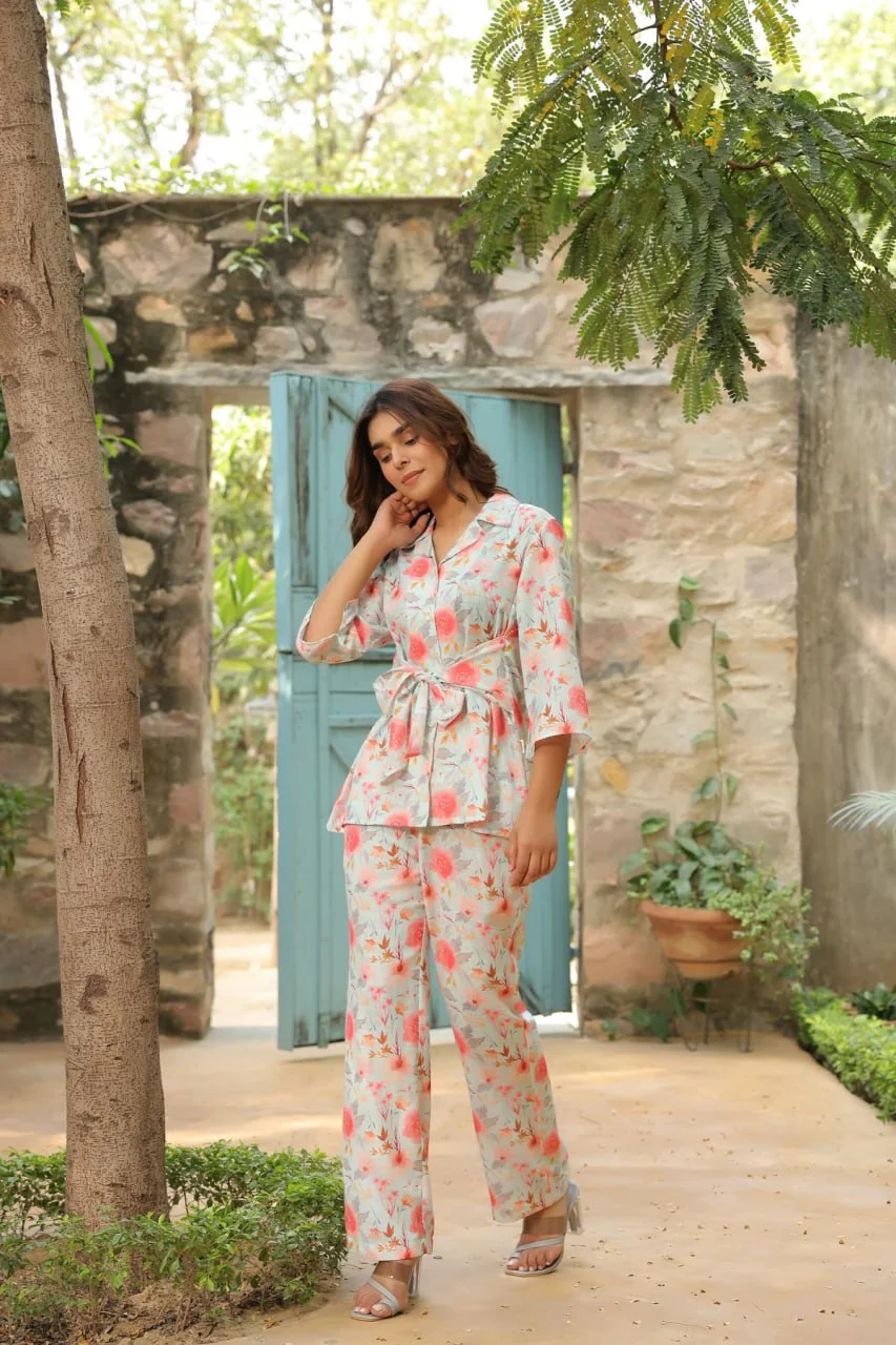Cream-Color Floral Printed Lapel Collar Cotton Shirt With Palazzo Co Ord Set - Image 11