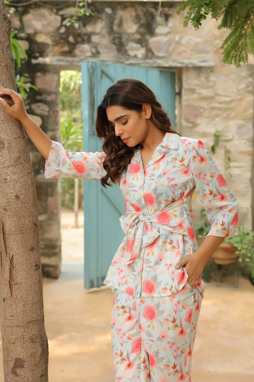 Cream-Color Floral Printed Lapel Collar Cotton Shirt With Palazzo Co Ord Set - Image 2