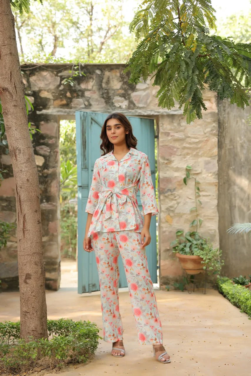 Cream-Color Floral Printed Lapel Collar Cotton Shirt With Palazzo Co Ord Set - Image 3