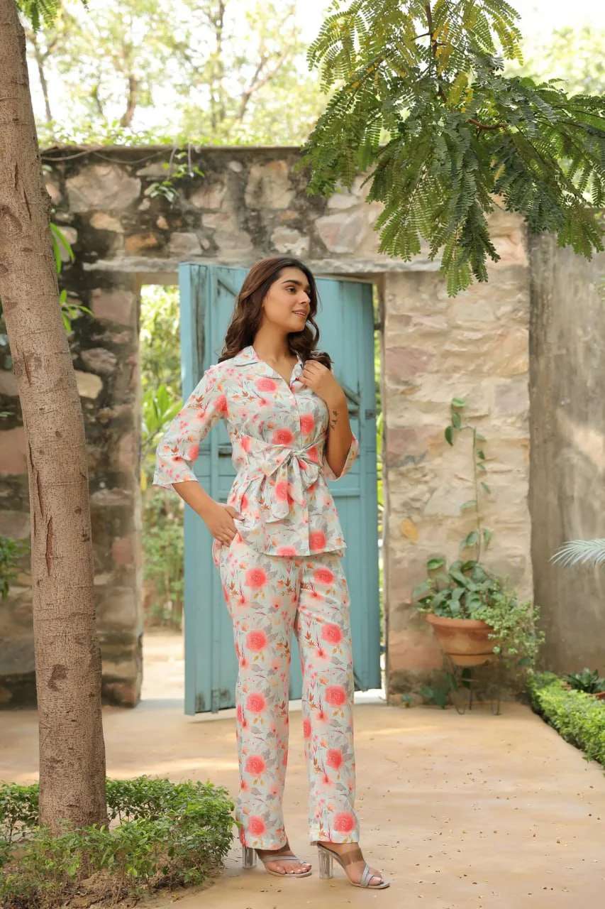 Cream-Color Floral Printed Lapel Collar Cotton Shirt With Palazzo Co Ord Set - Image 4