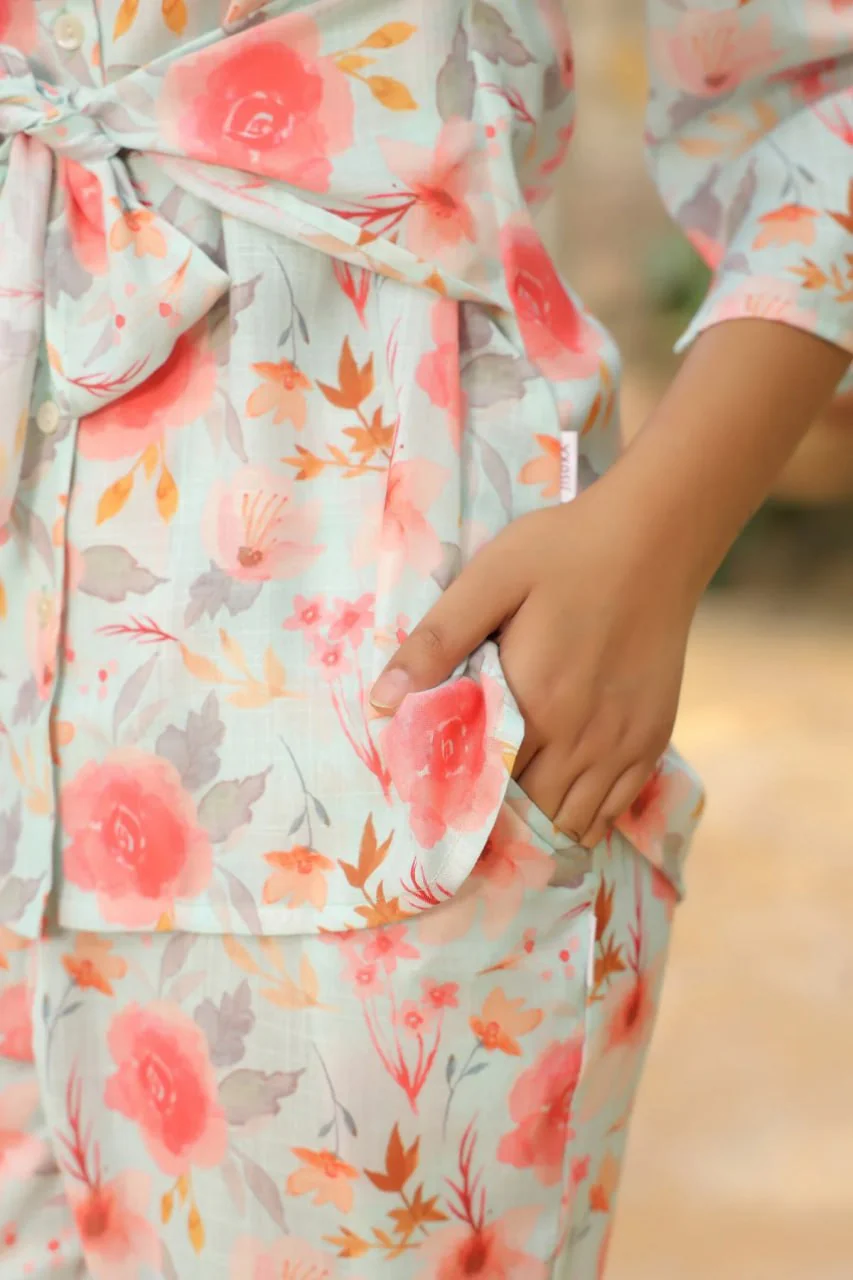 Cream-Color Floral Printed Lapel Collar Cotton Shirt With Palazzo Co Ord Set - Image 6