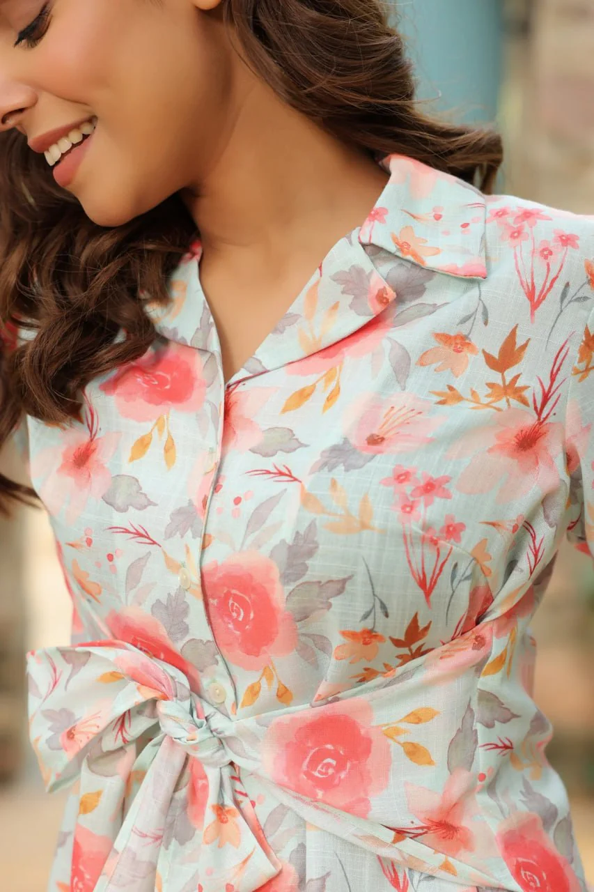 Cream-Color Floral Printed Lapel Collar Cotton Shirt With Palazzo Co Ord Set - Image 7