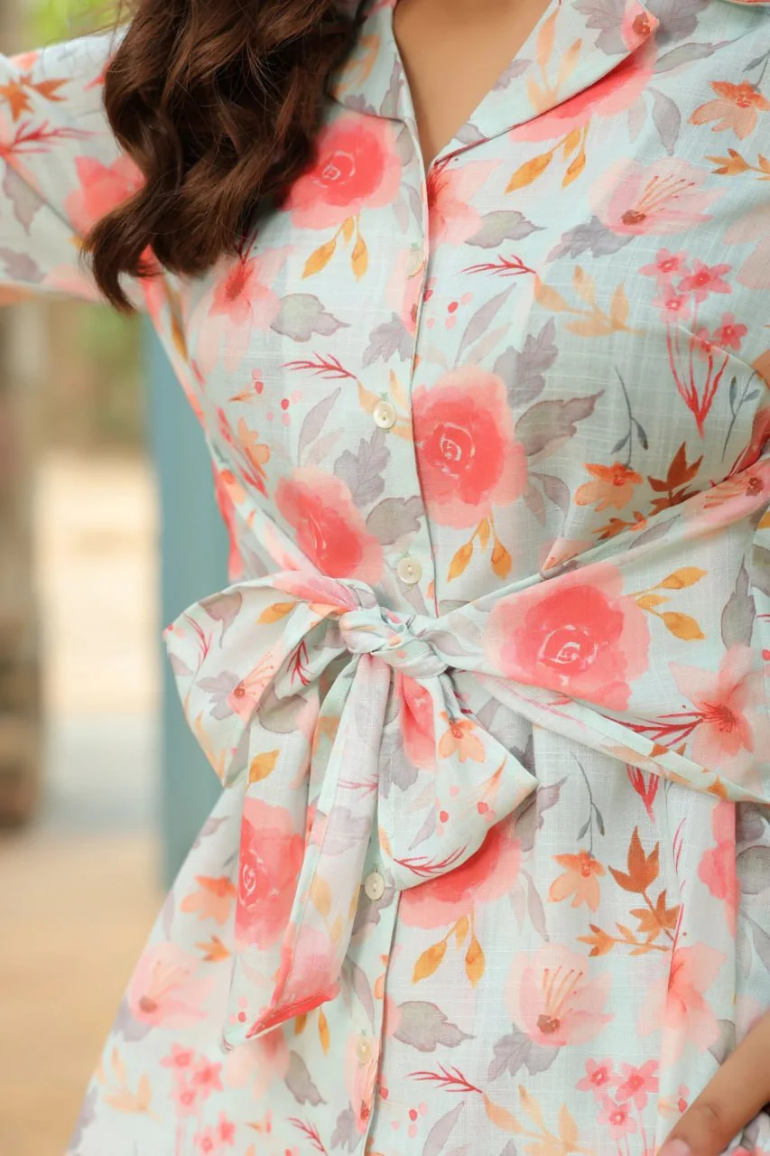 Cream-Color Floral Printed Lapel Collar Cotton Shirt With Palazzo Co Ord Set - Image 8