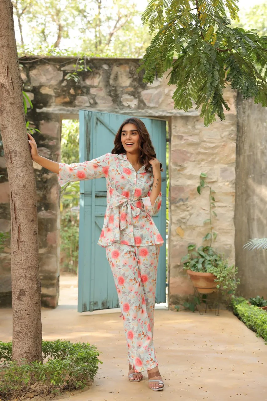 Cream-Color Floral Printed Lapel Collar Cotton Shirt With Palazzo Co Ord Set - Image 9