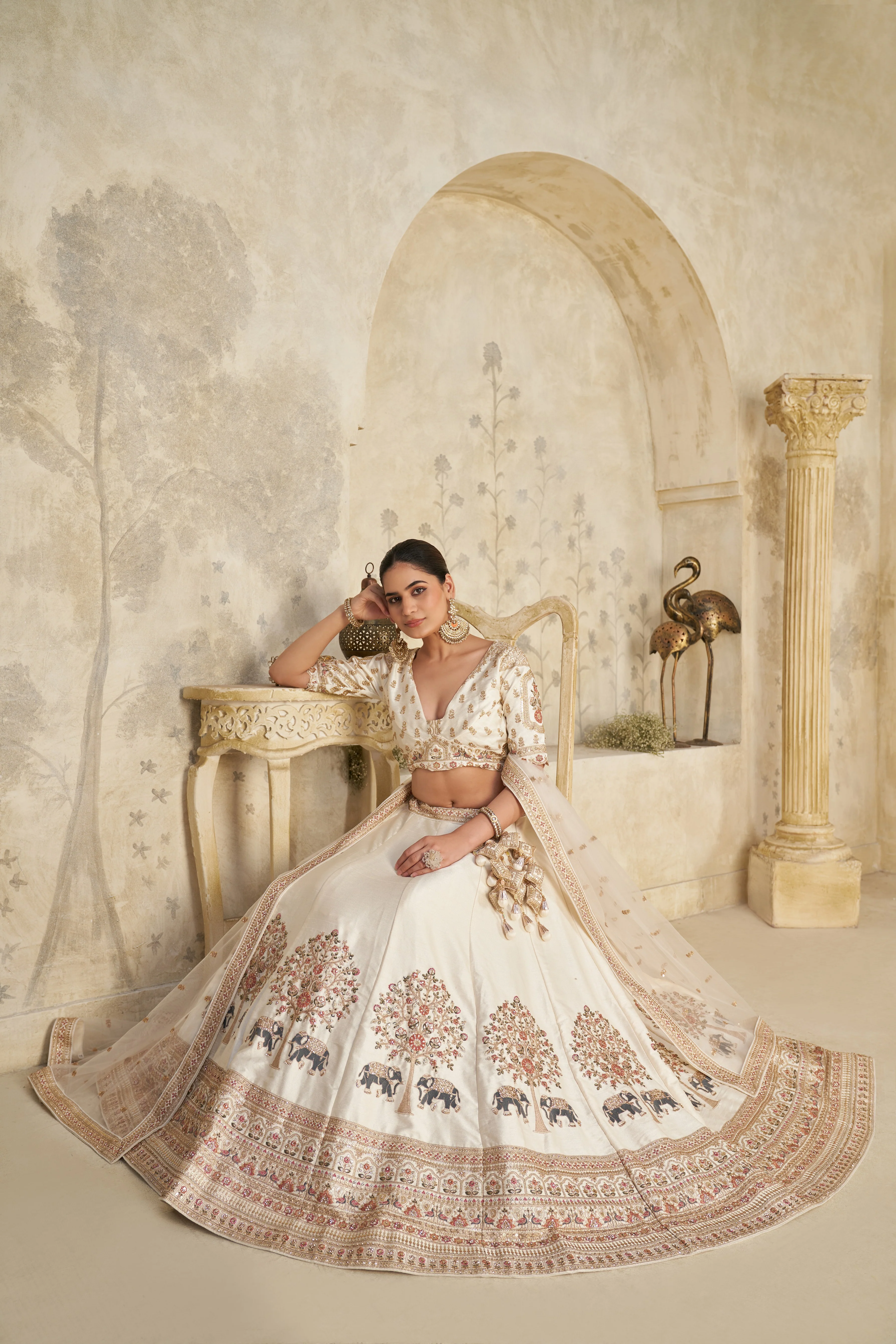Cream Color Luxury Zari Embroidered Premium Bridal Lehenga Choli Set - Image 3