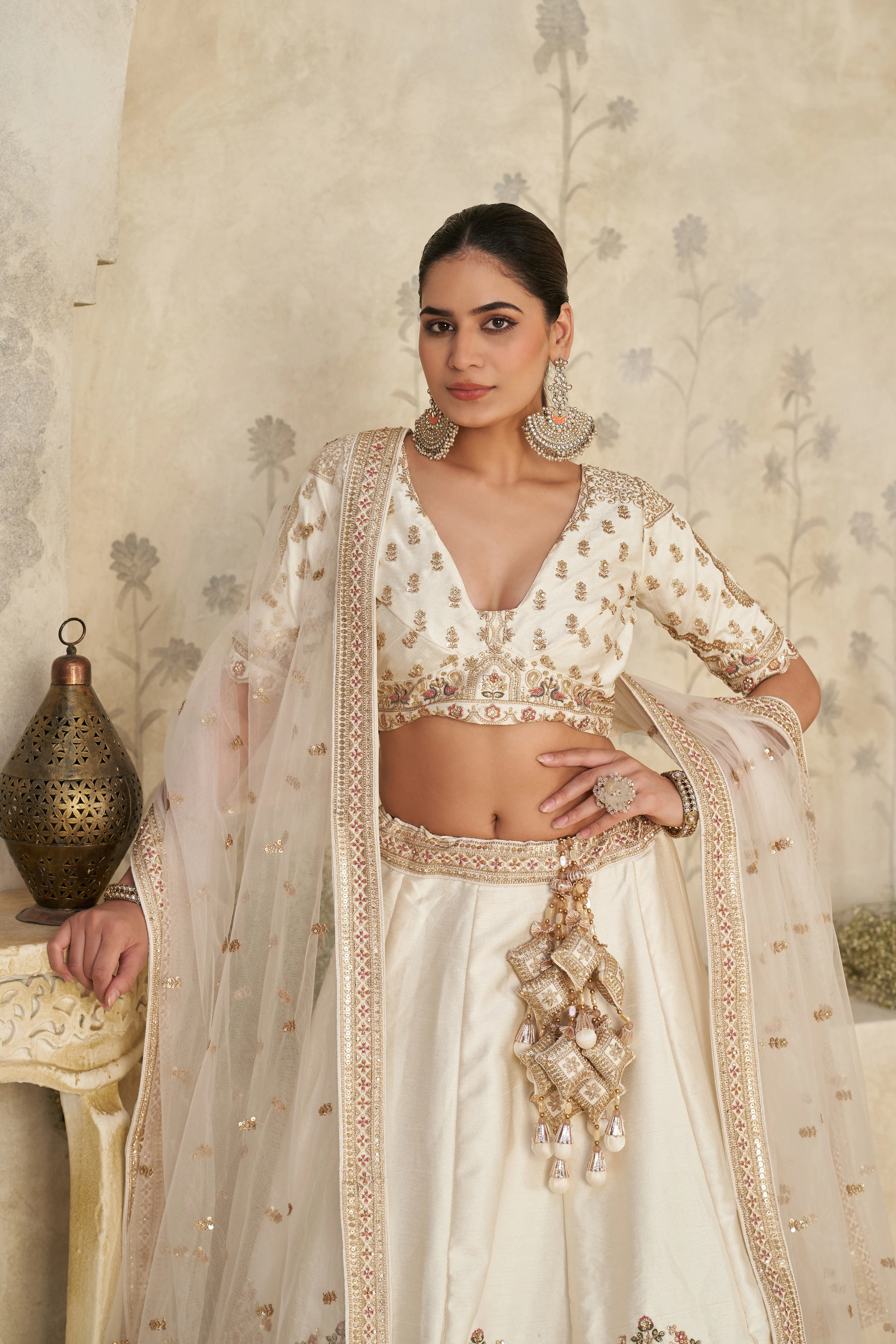 Cream Color Luxury Zari Embroidered Premium Bridal Lehenga Choli Set - Image 4