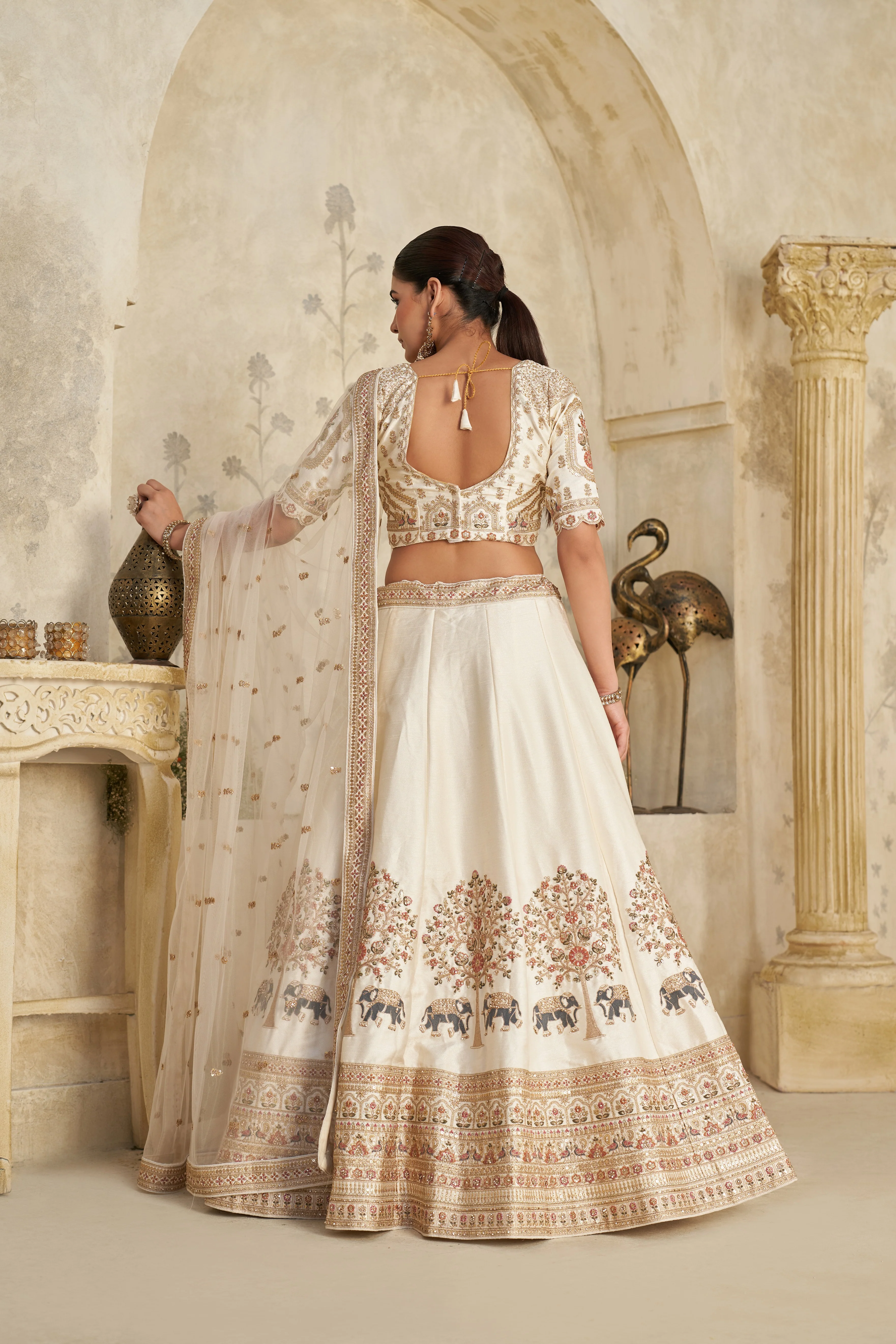 Cream Color Luxury Zari Embroidered Premium Bridal Lehenga Choli Set - Image 5