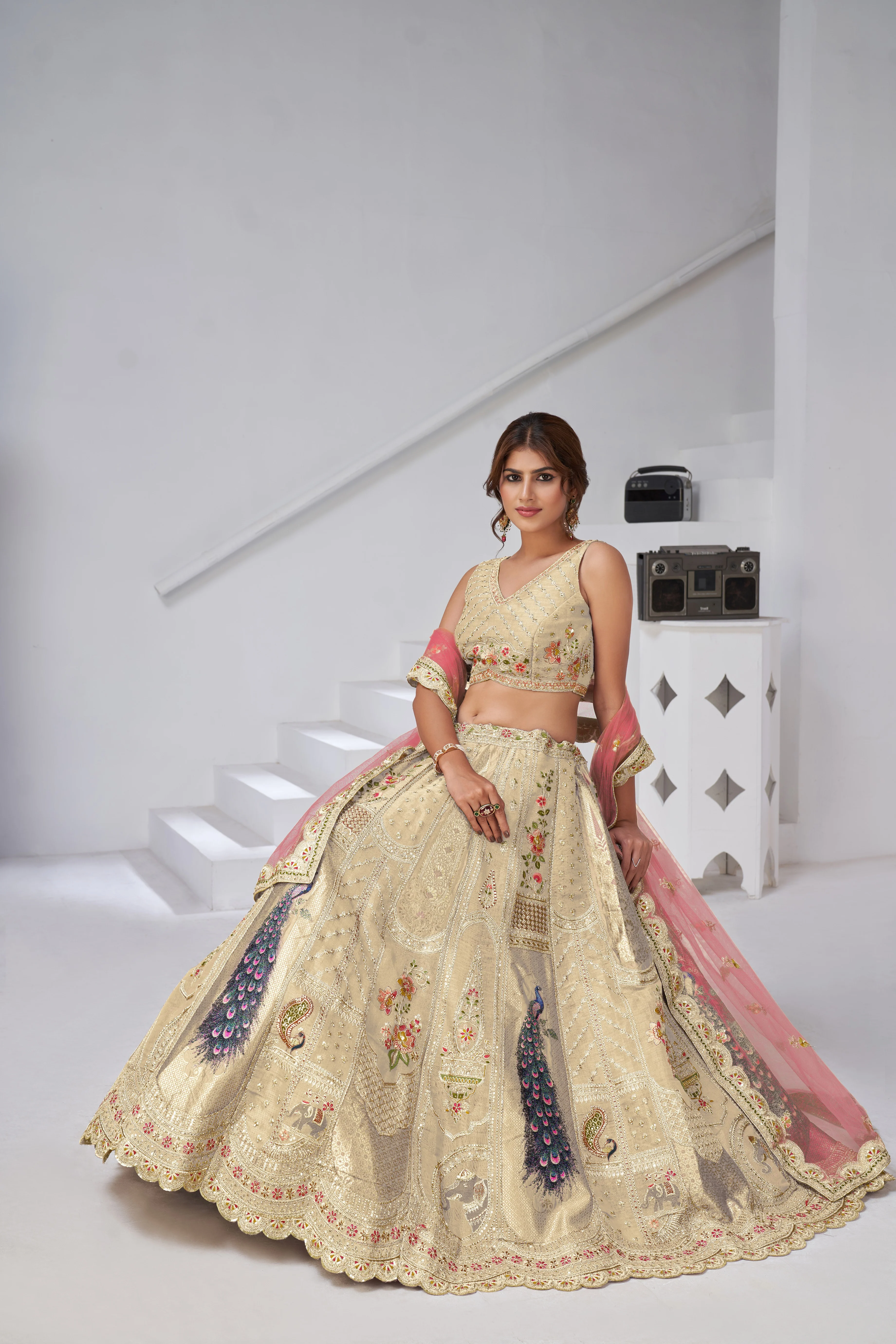 Cream Color Royal Radiance Raw Silk Bridal Lehenga Choli Set - Image 3