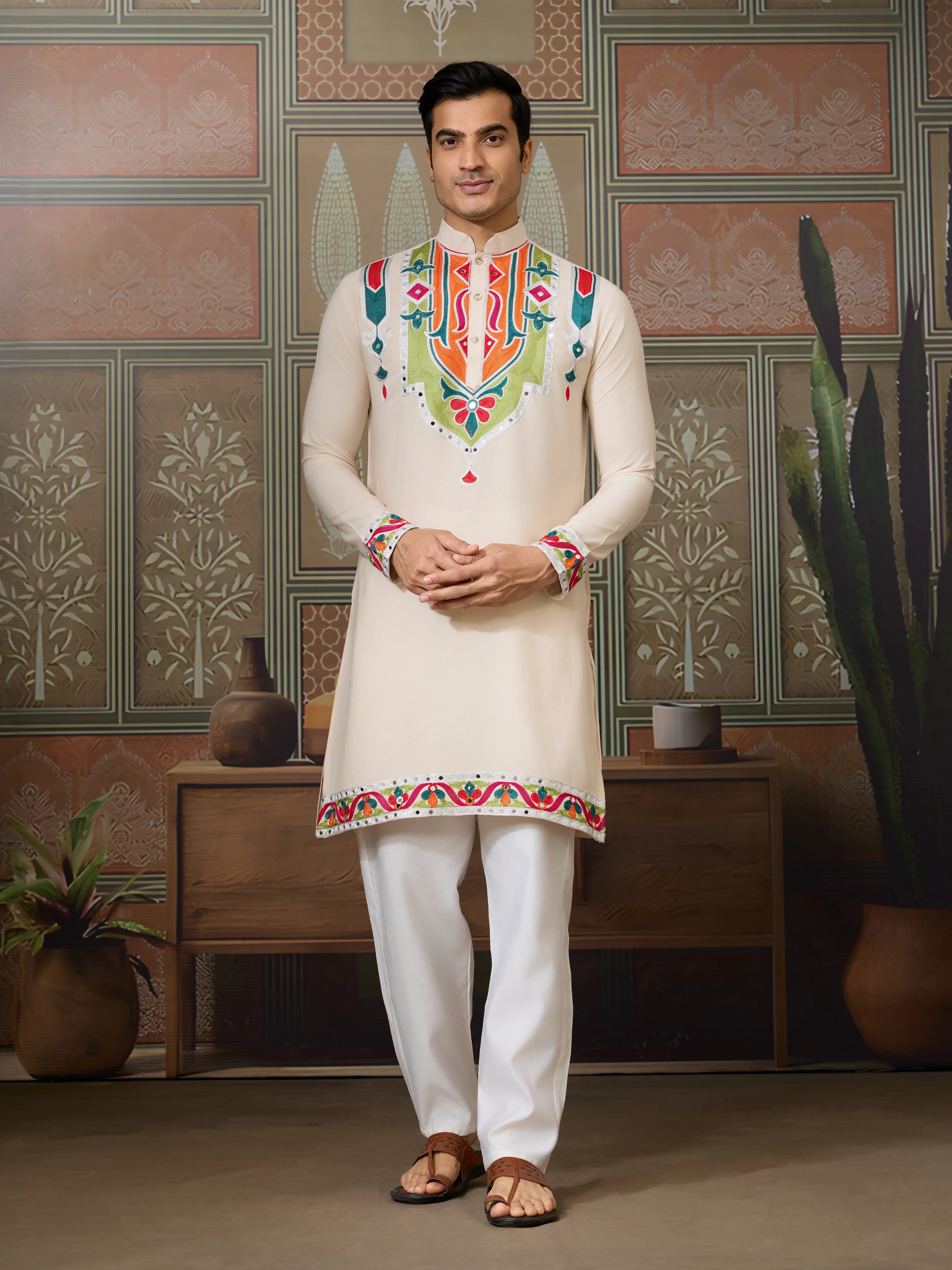 Cream Embroidered Festival Wear Kurta for Men - Image 3
