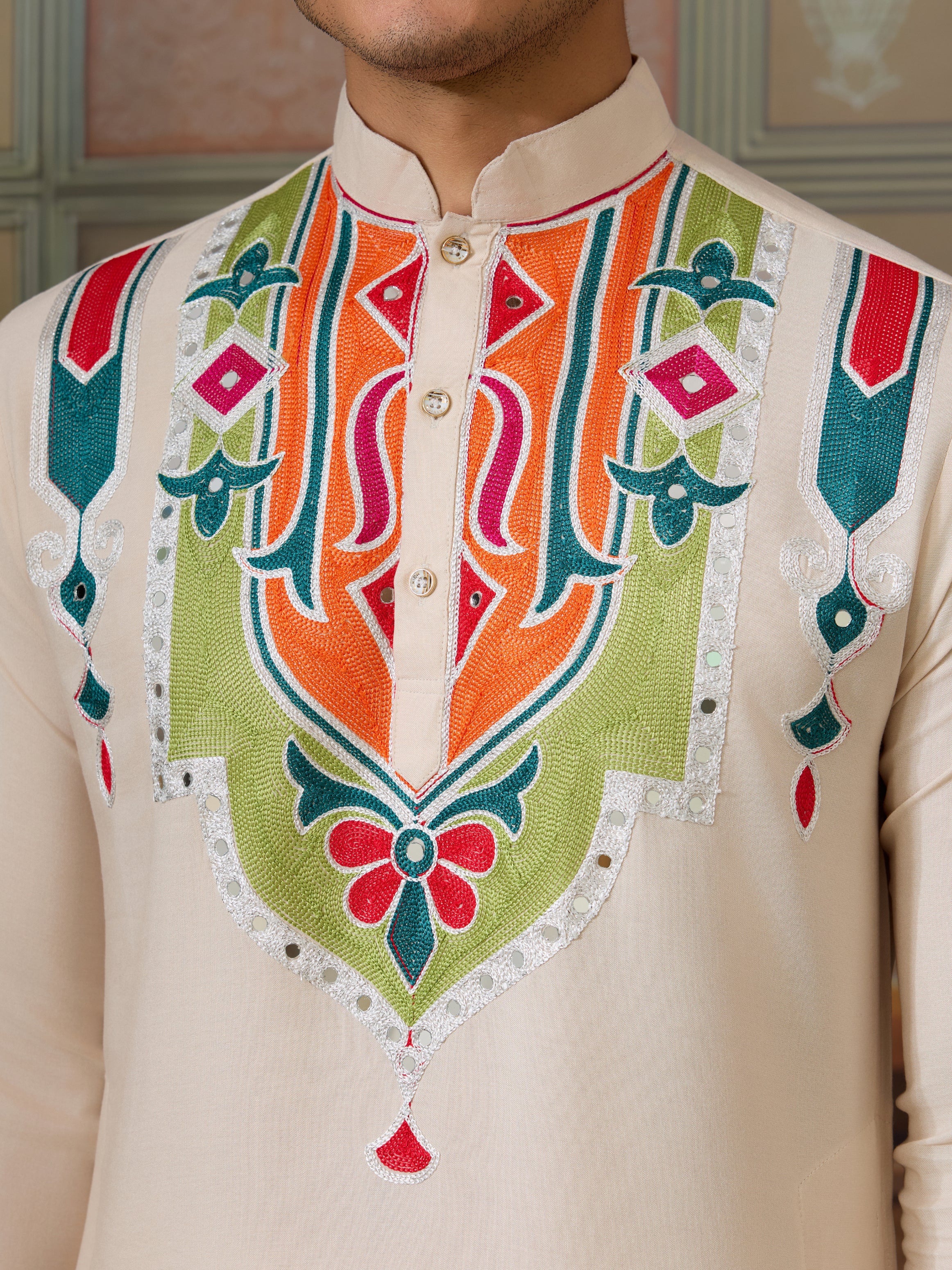 Cream Embroidered Festival Wear Kurta for Men - Image 4