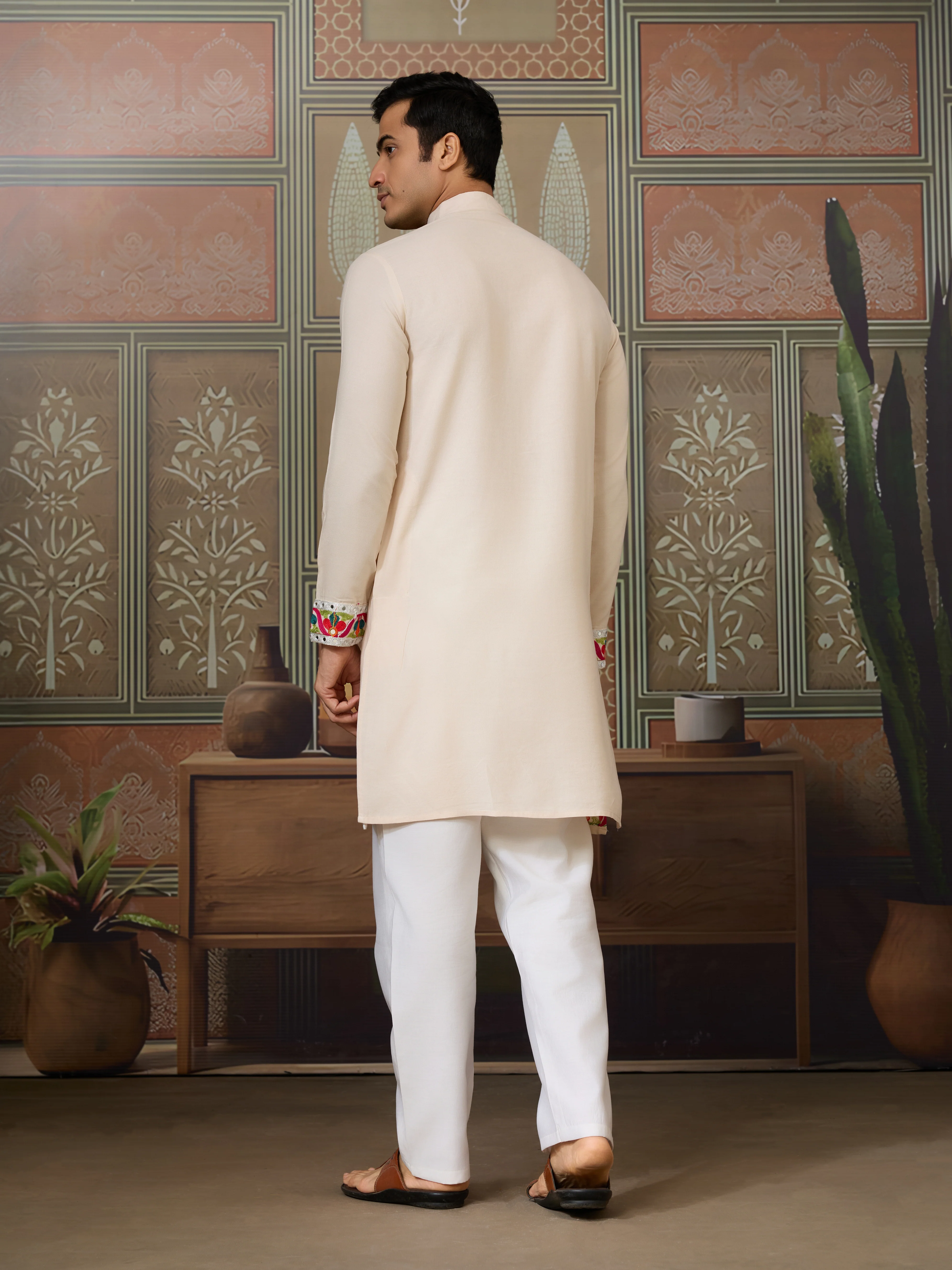 Cream Embroidered Festival Wear Kurta for Men - Image 5