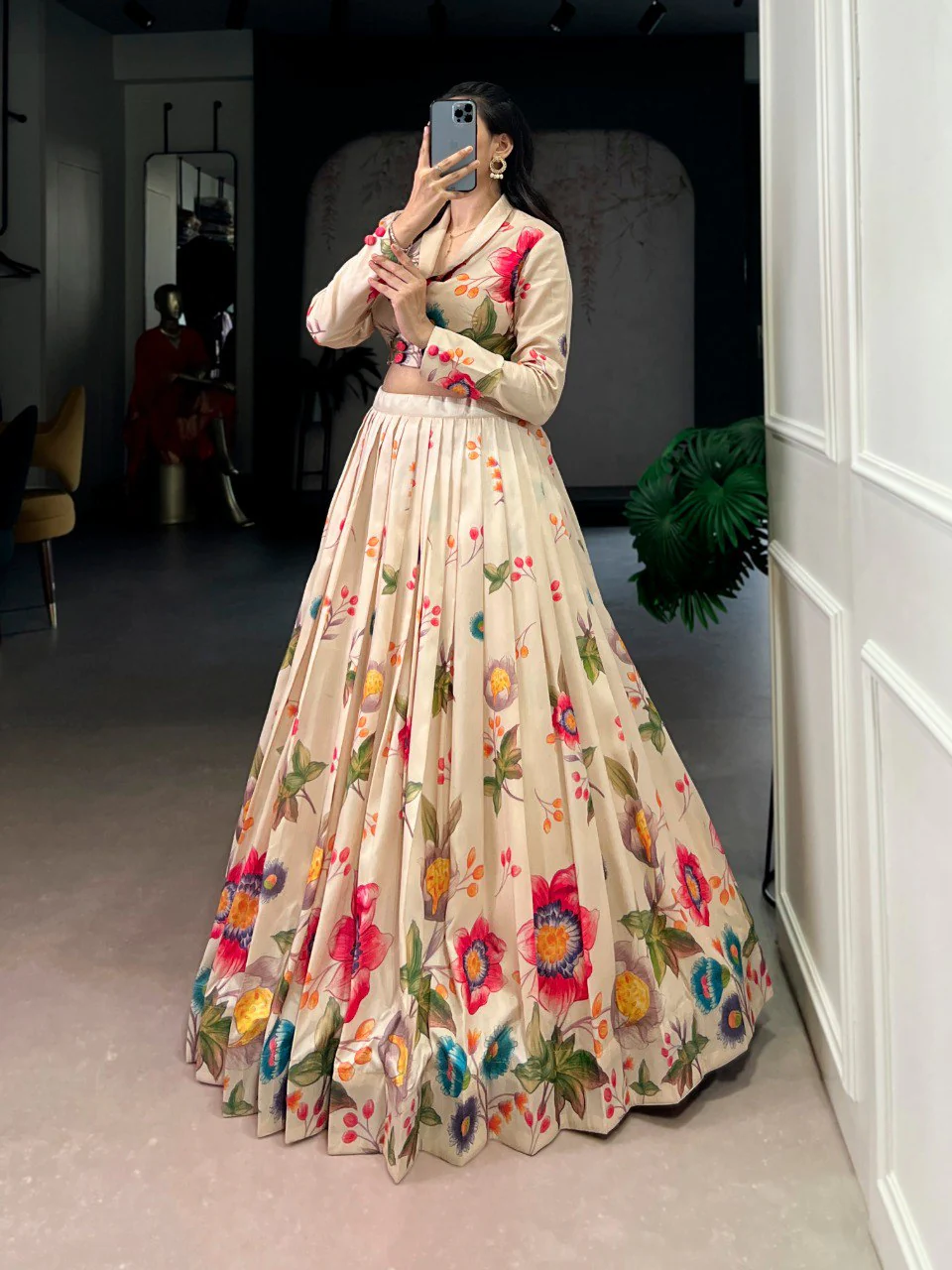 Cream Floral Print Tasar Silk Lehenga Choli Set For Festive Wear - Image 2