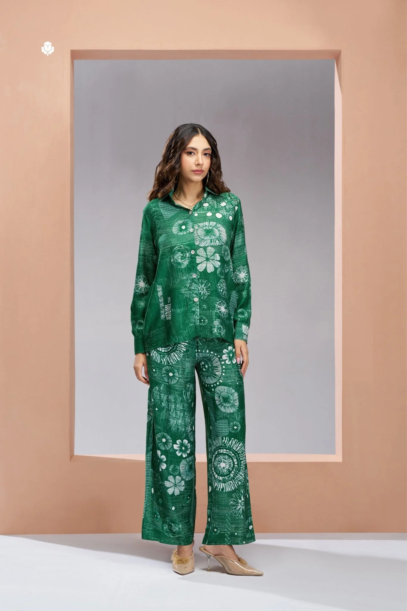Dark Green Designer Pure Muslin Silk Floral Co Ord Set