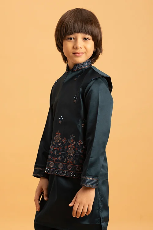 Dark Green Mirror Work Embroidered Koti Kurta for Kids Wear - Image 2