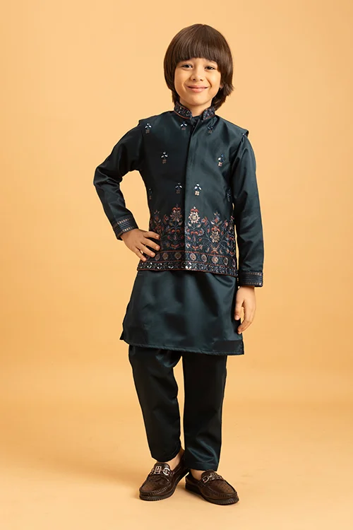 Dark Green Mirror Work Embroidered Koti Kurta for Kids Wear - Image 3