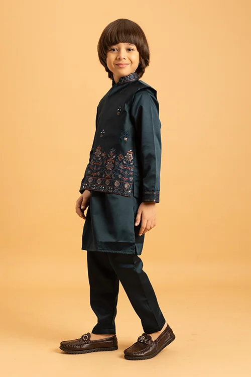 Dark Green Mirror Work Embroidered Koti Kurta for Kids Wear - Image 4