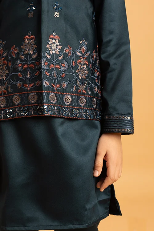 Dark Green Mirror Work Embroidered Koti Kurta for Kids Wear - Image 5