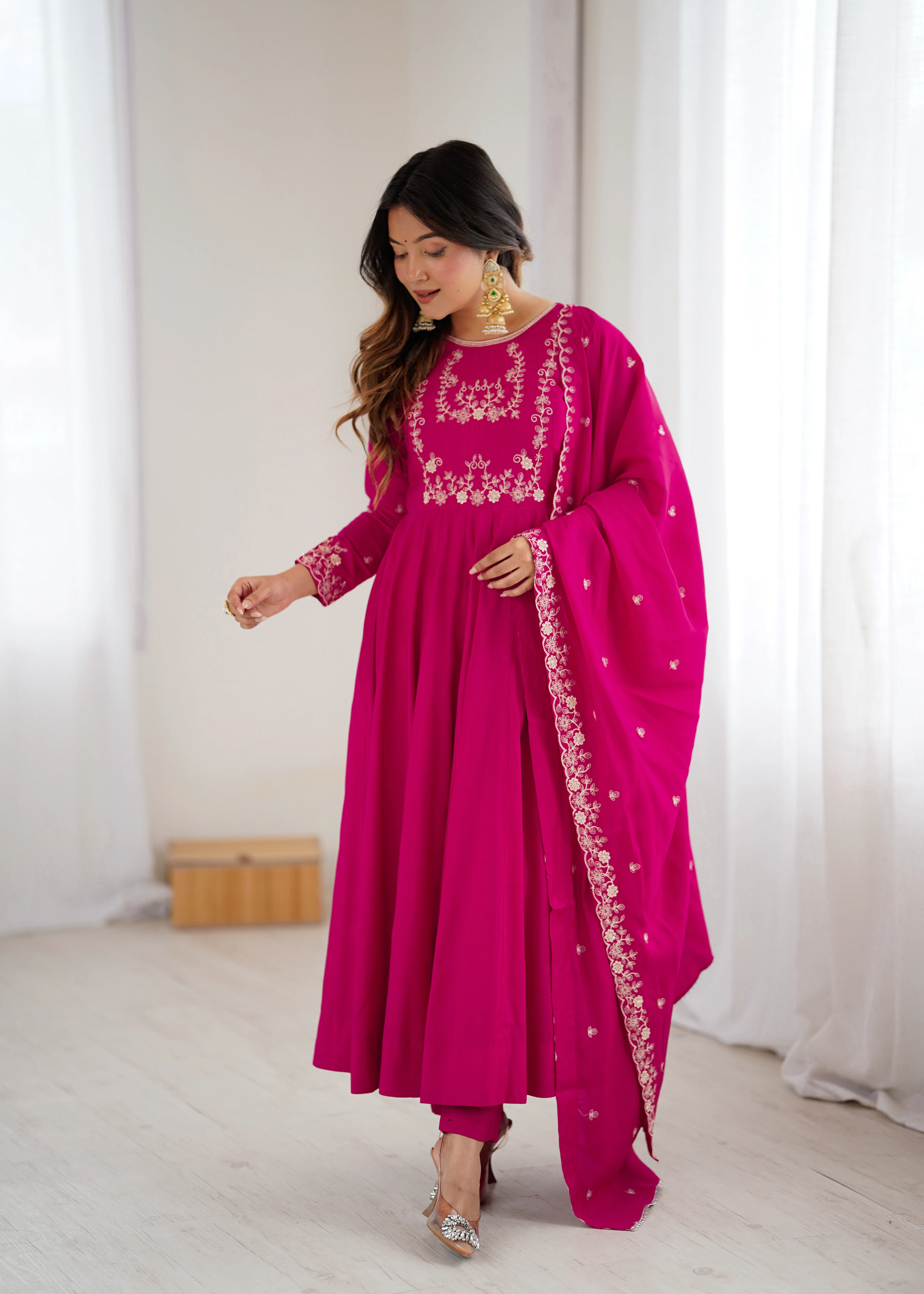 Dark Pink Pure Roman Chanderi Silk Anarkali Set with Dupatta For Women - Image 2