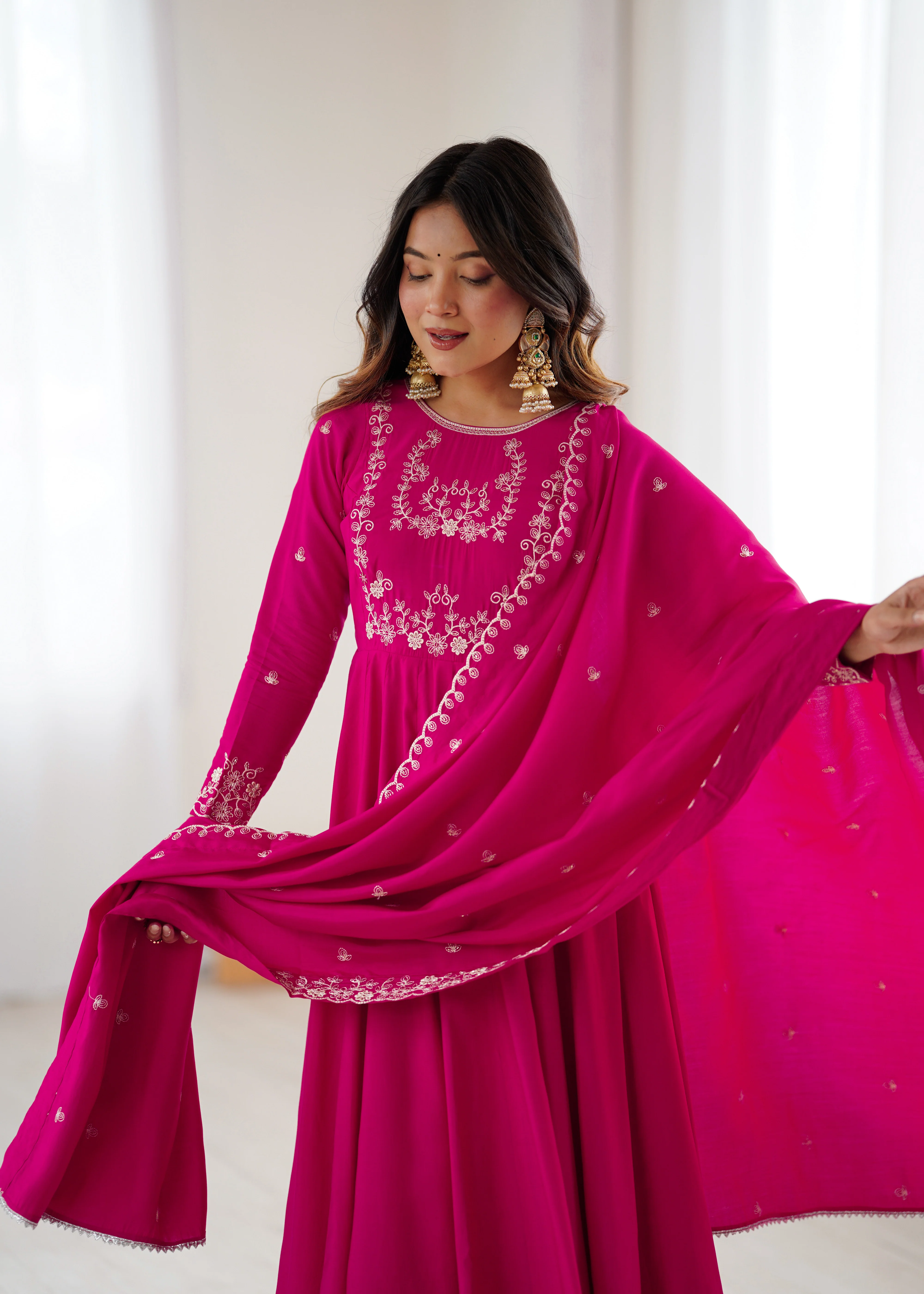 Dark Pink Pure Roman Chanderi Silk Anarkali Set with Dupatta For Women - Image 3