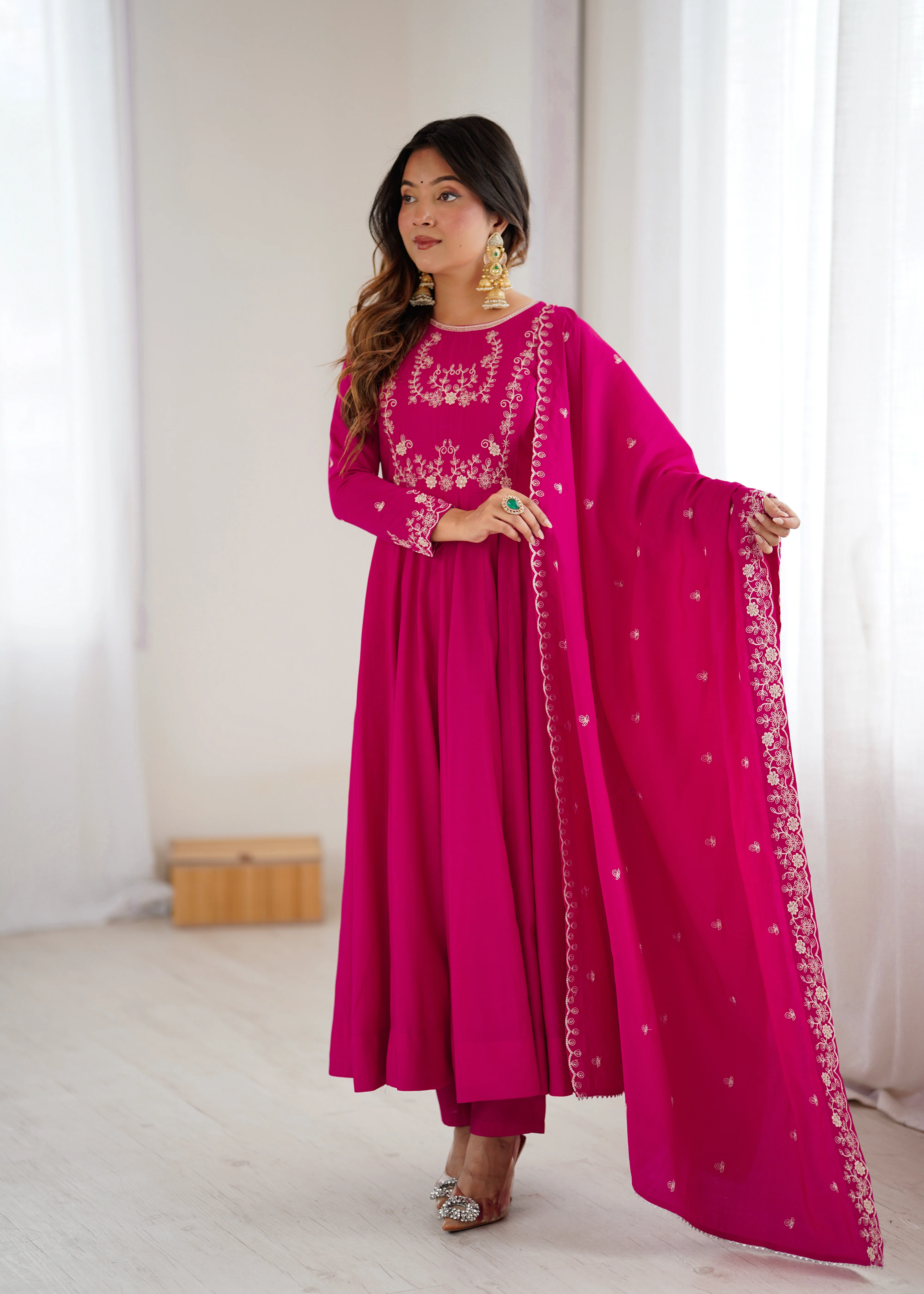 Dark Pink Pure Roman Chanderi Silk Anarkali Set with Dupatta For Women - Image 4