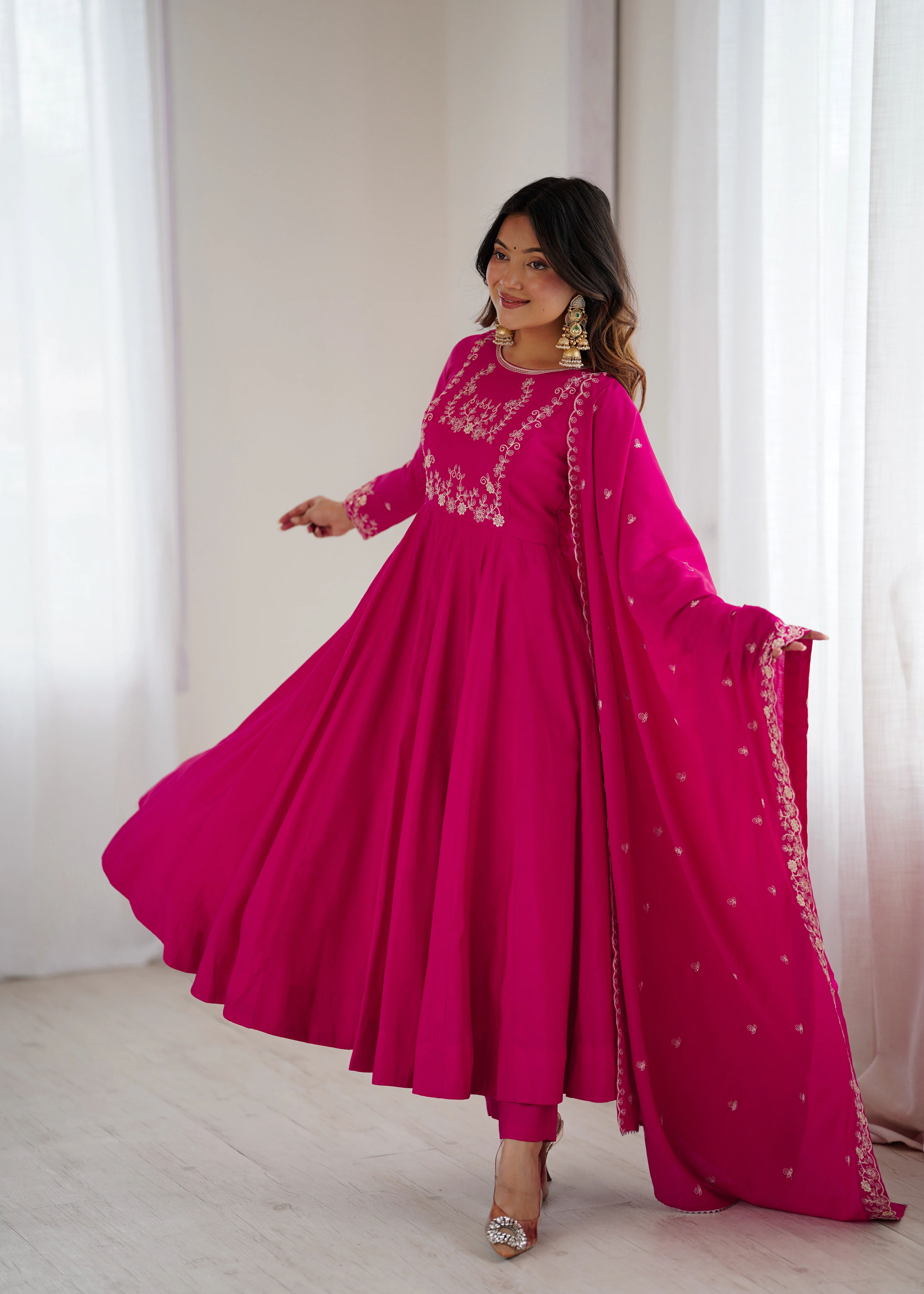 Dark Pink Pure Roman Chanderi Silk Anarkali Set with Dupatta For Women - Image 5