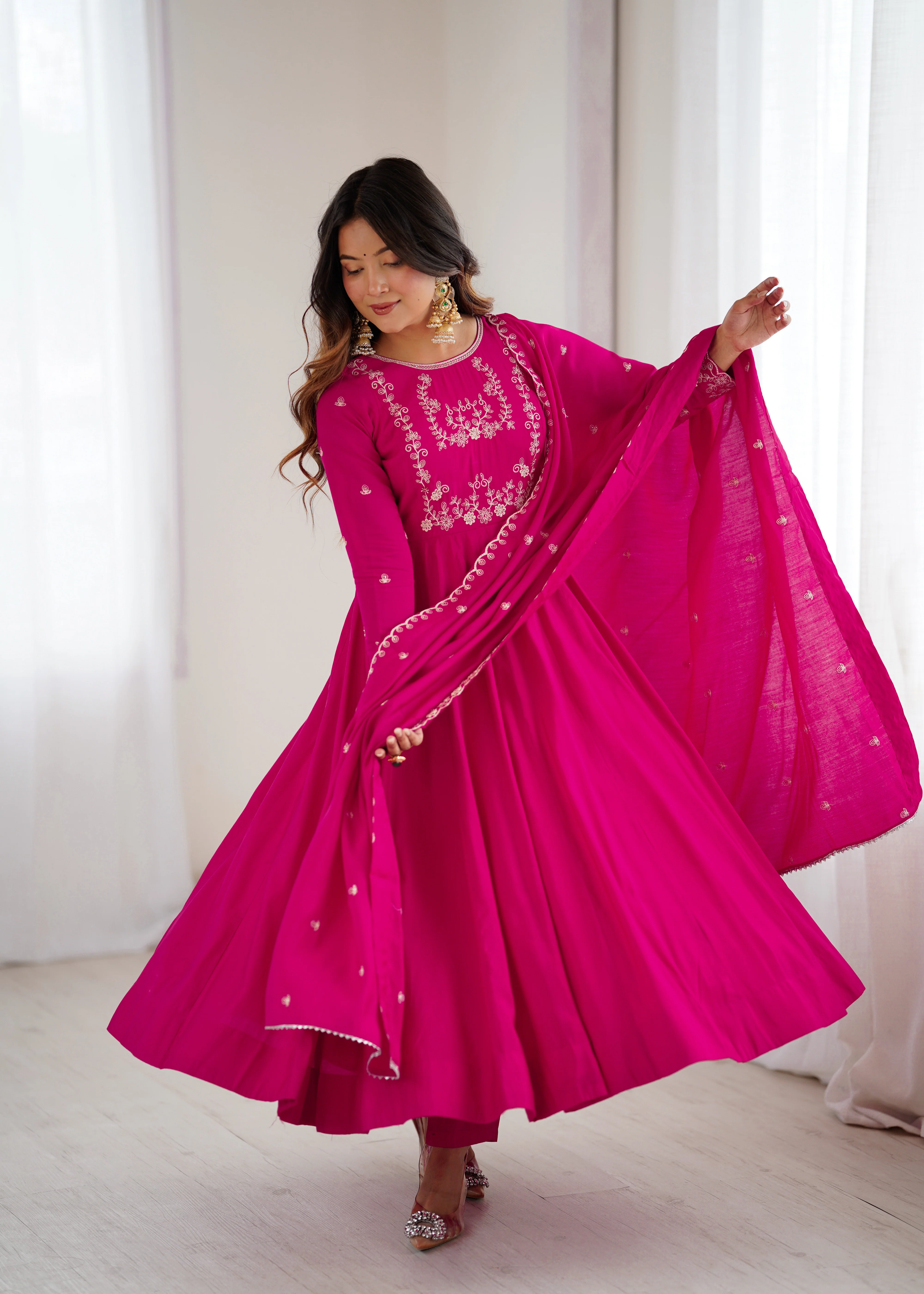 Dark Pink Pure Roman Chanderi Silk Anarkali Set with Dupatta For Women - Image 6