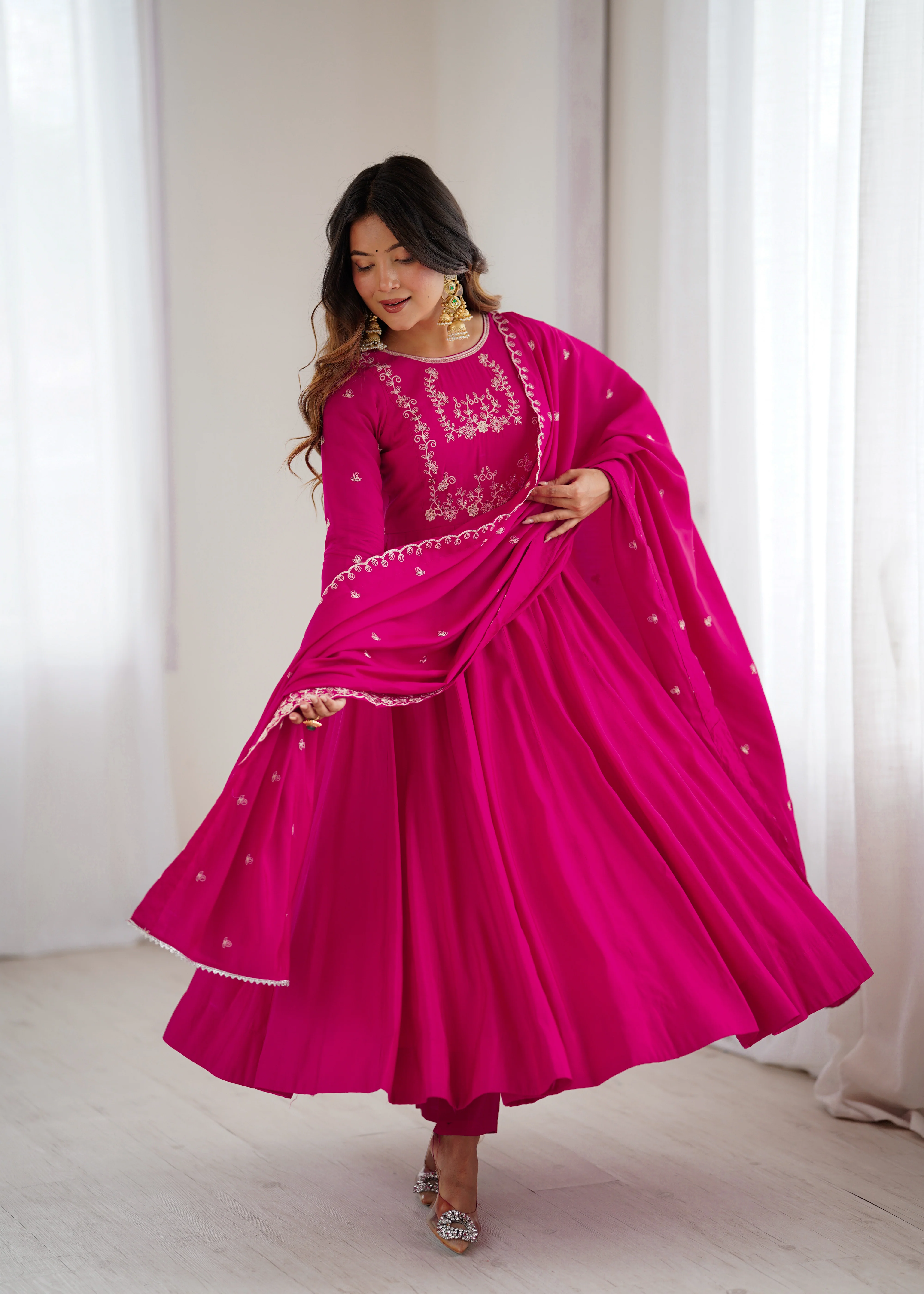 Dark Pink Pure Roman Chanderi Silk Anarkali Set with Dupatta For Women - Image 7