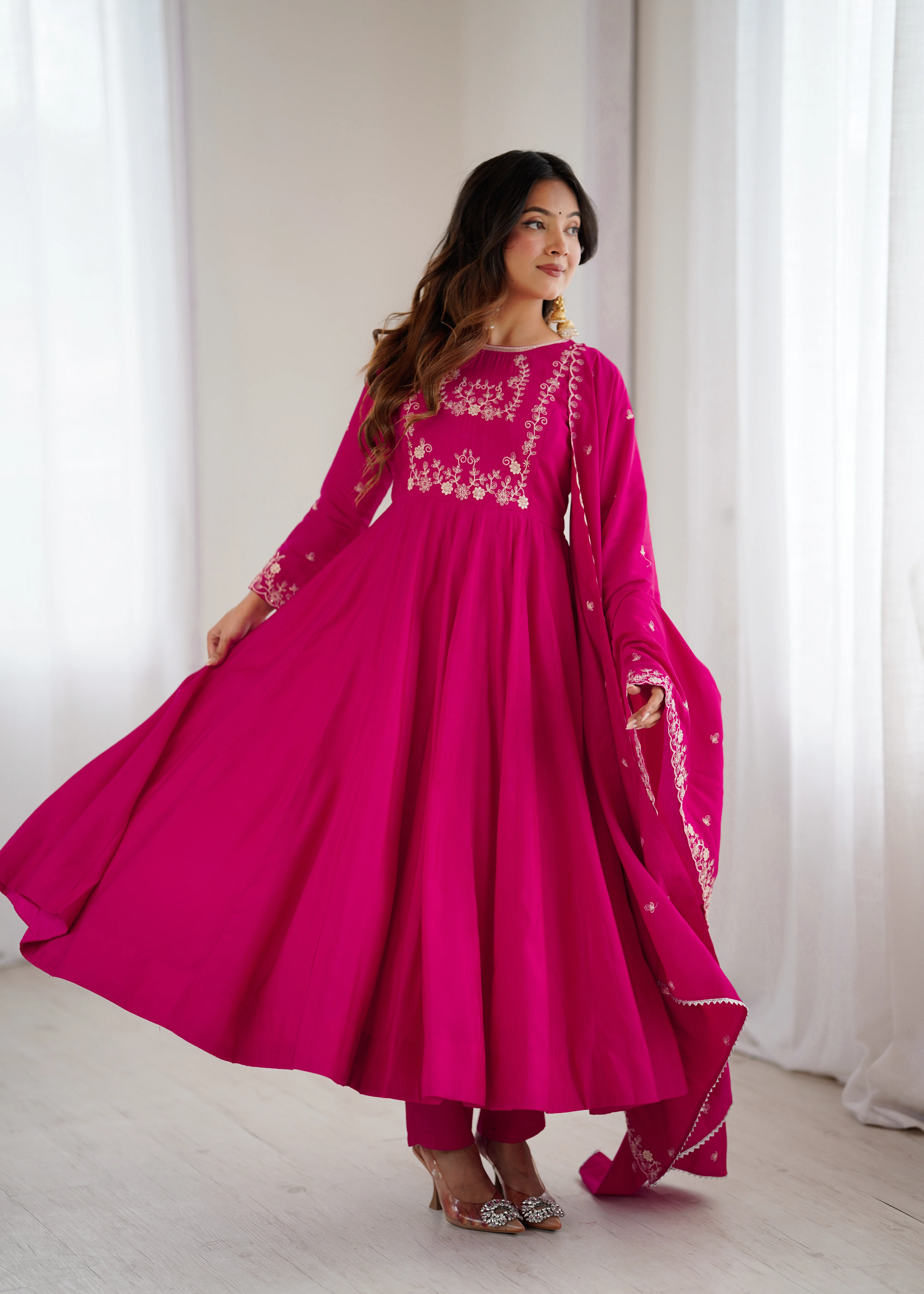 Dark Pink Pure Roman Chanderi Silk Anarkali Set with Dupatta For Women - Image 8