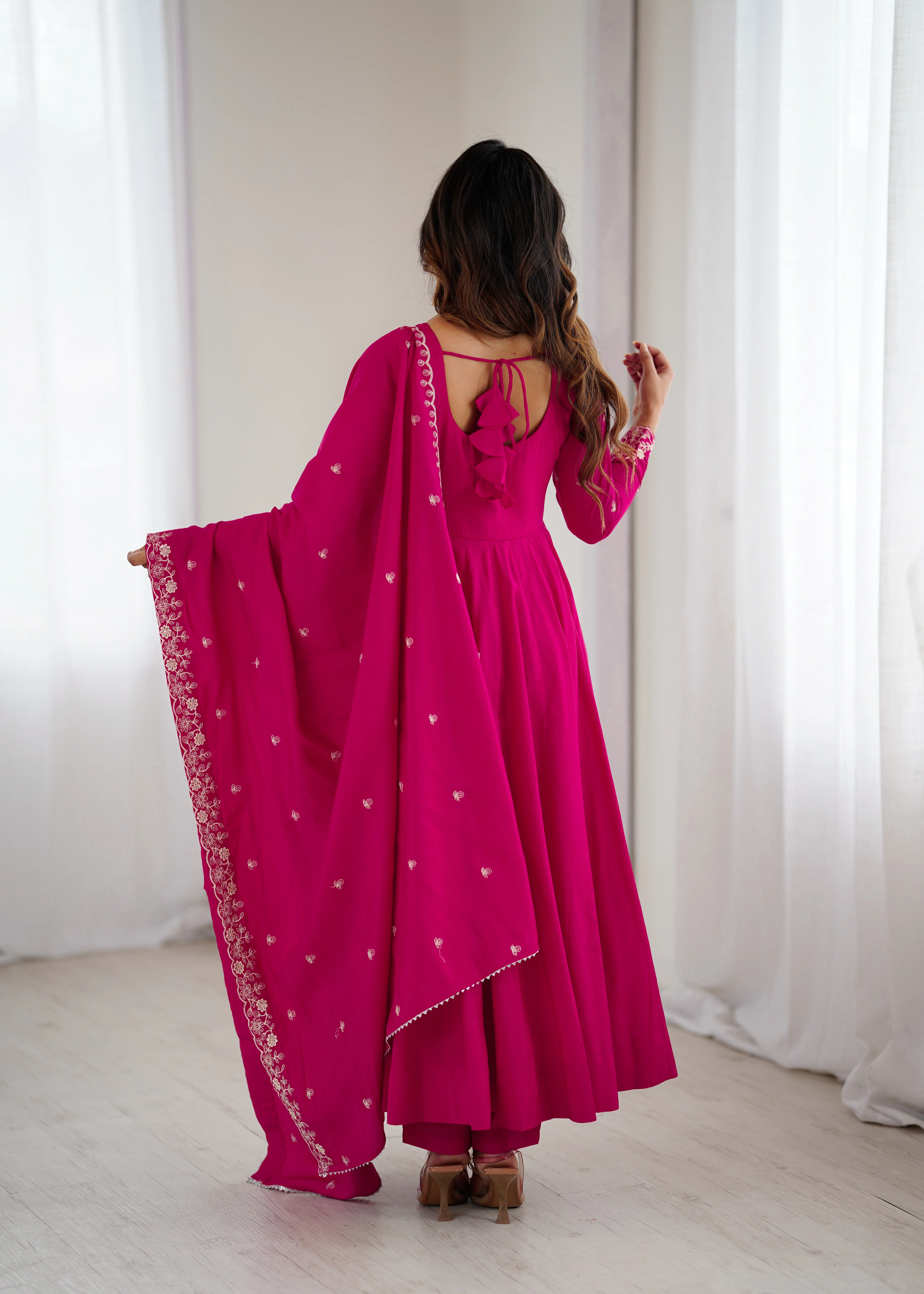 Dark Pink Pure Roman Chanderi Silk Anarkali Set with Dupatta For Women - Image 9