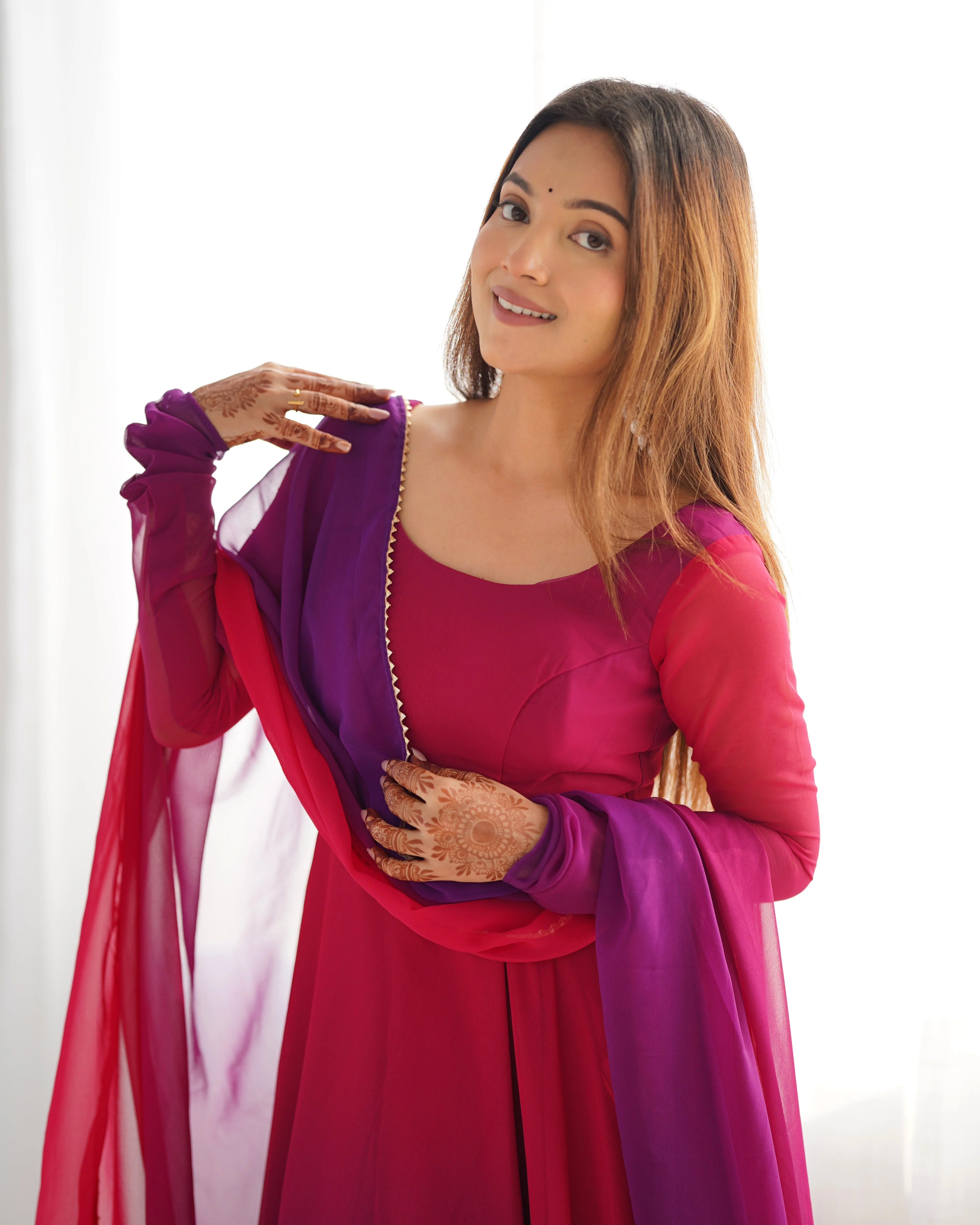Dark Pink Pure Soft Fox Georgette Anarkali Suit Set With Huge Flair, Dupatta & Pant - Image 11