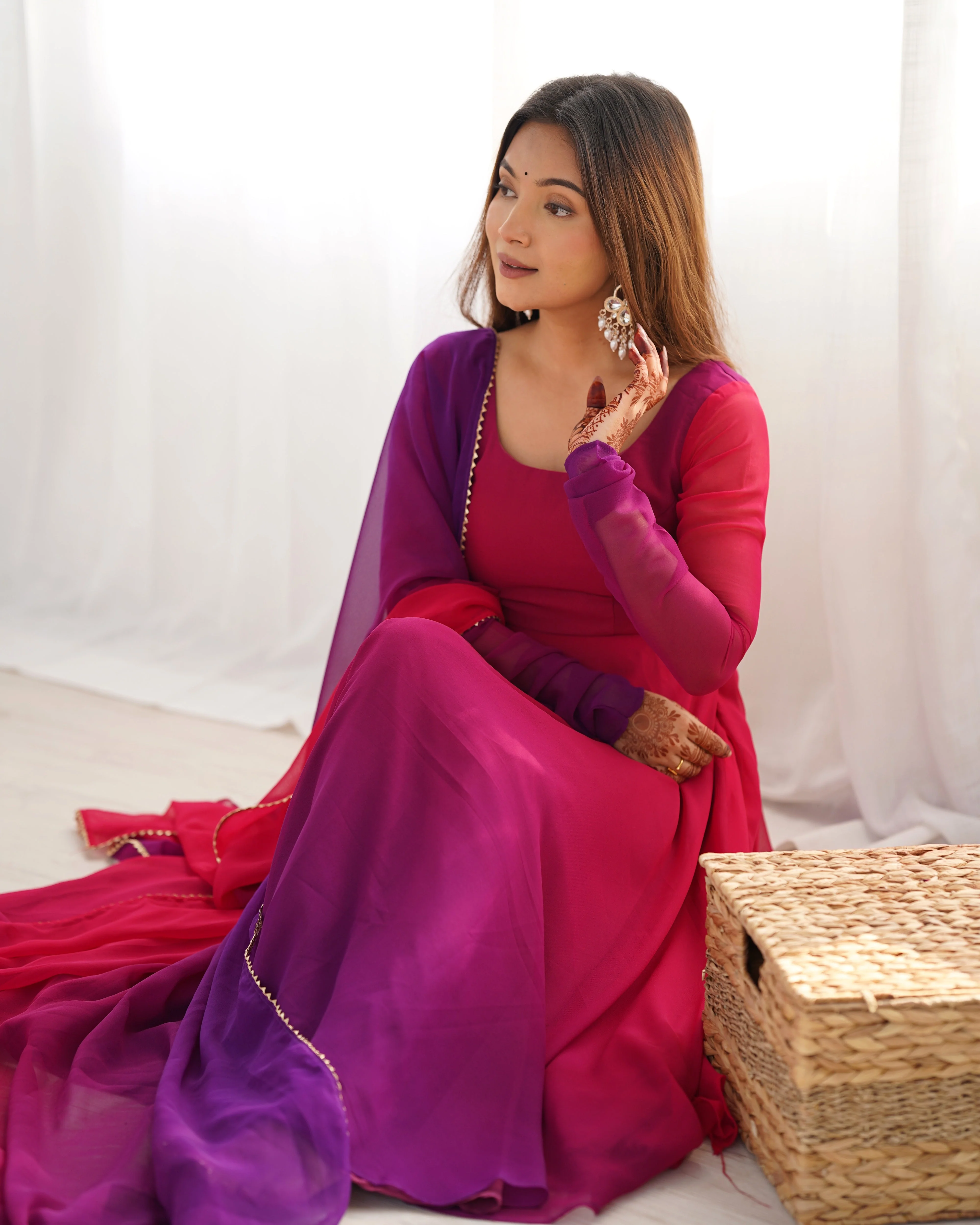 Dark Pink Pure Soft Fox Georgette Anarkali Suit Set With Huge Flair, Dupatta & Pant - Image 12