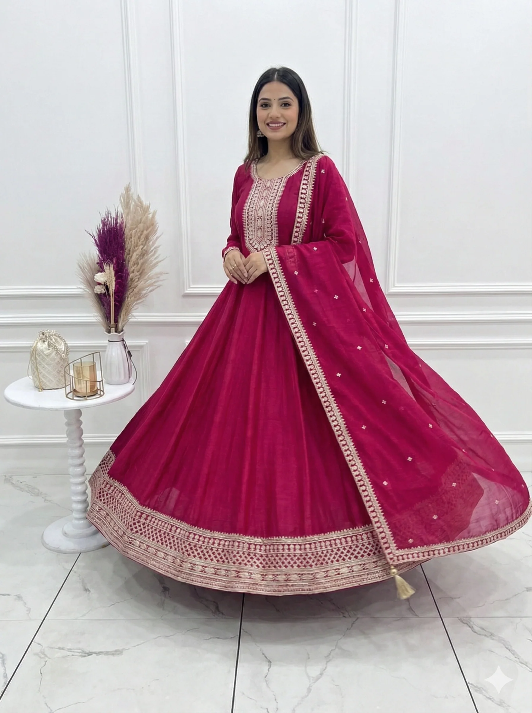 Dark Pink Pure Vichitra Silk Flared Anarkali Gown Set With Dupatta - Image 3