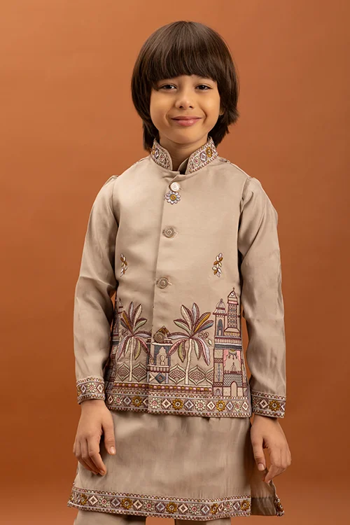 Designer Beige Koti Kurta Set for Kids 6-12 Year - Image 6