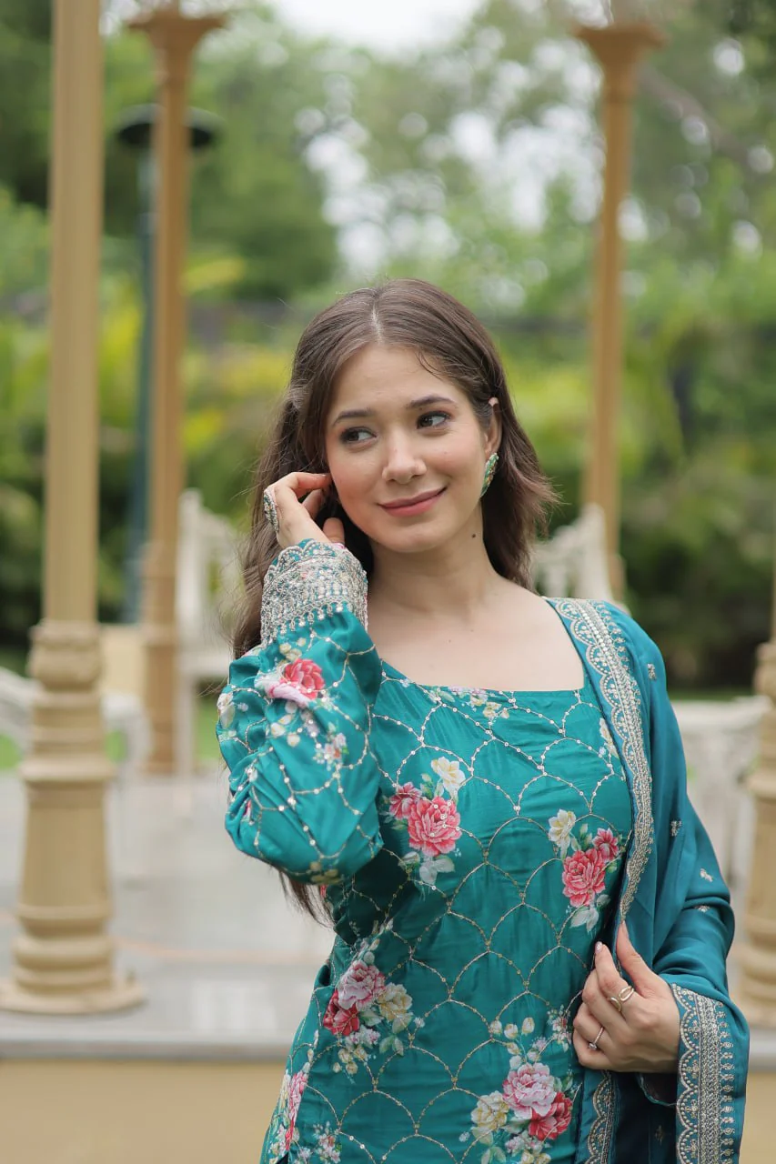 Designer Chinnon Printed With Embroidered Work Sharara Set - Image 10