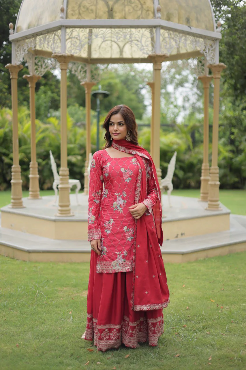 Designer Chinnon Printed With Embroidered Work Sharara Set - Image 3