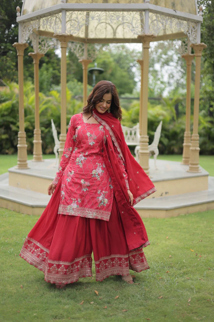 Designer Chinnon Printed With Embroidered Work Sharara Set - Image 4