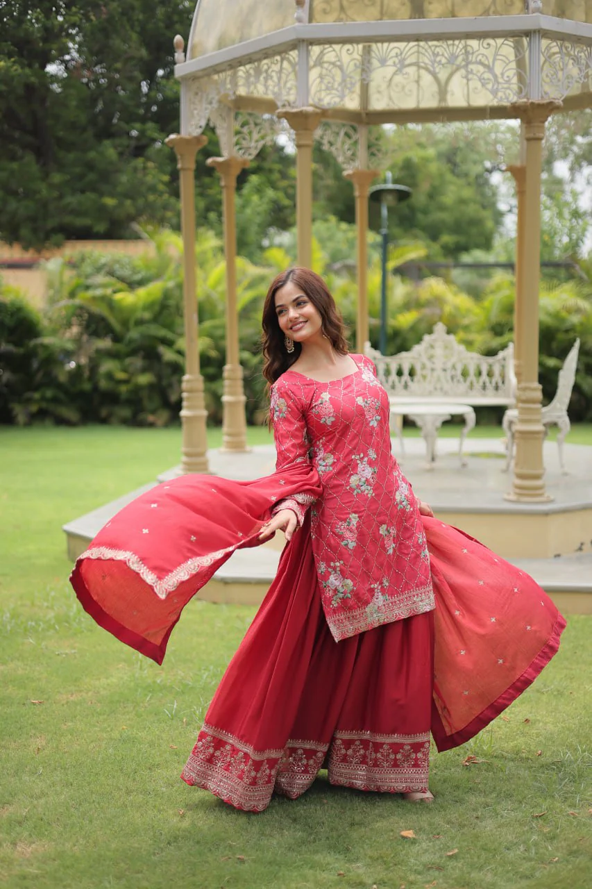 Designer Chinnon Printed With Embroidered Work Sharara Set - Image 5