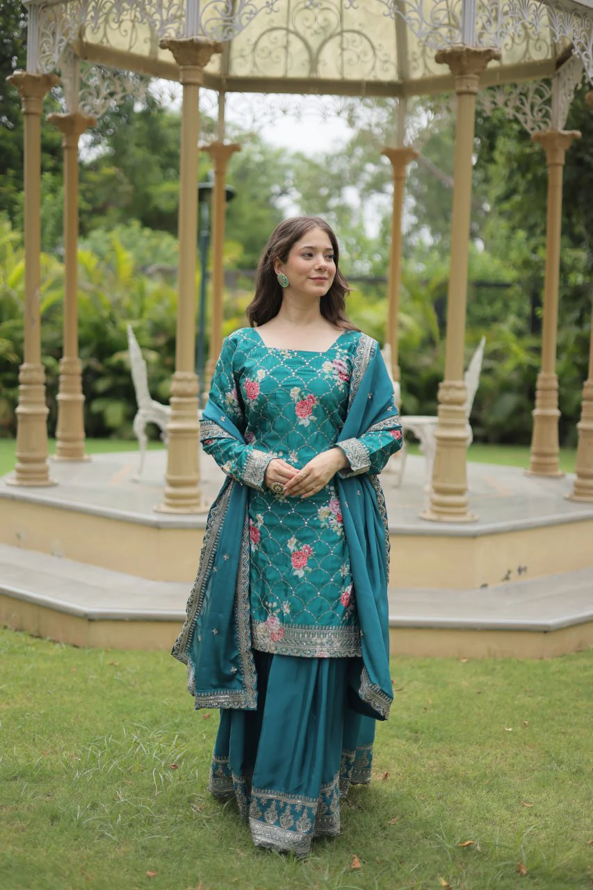 Designer Chinnon Printed With Embroidered Work Sharara Set - Image 6