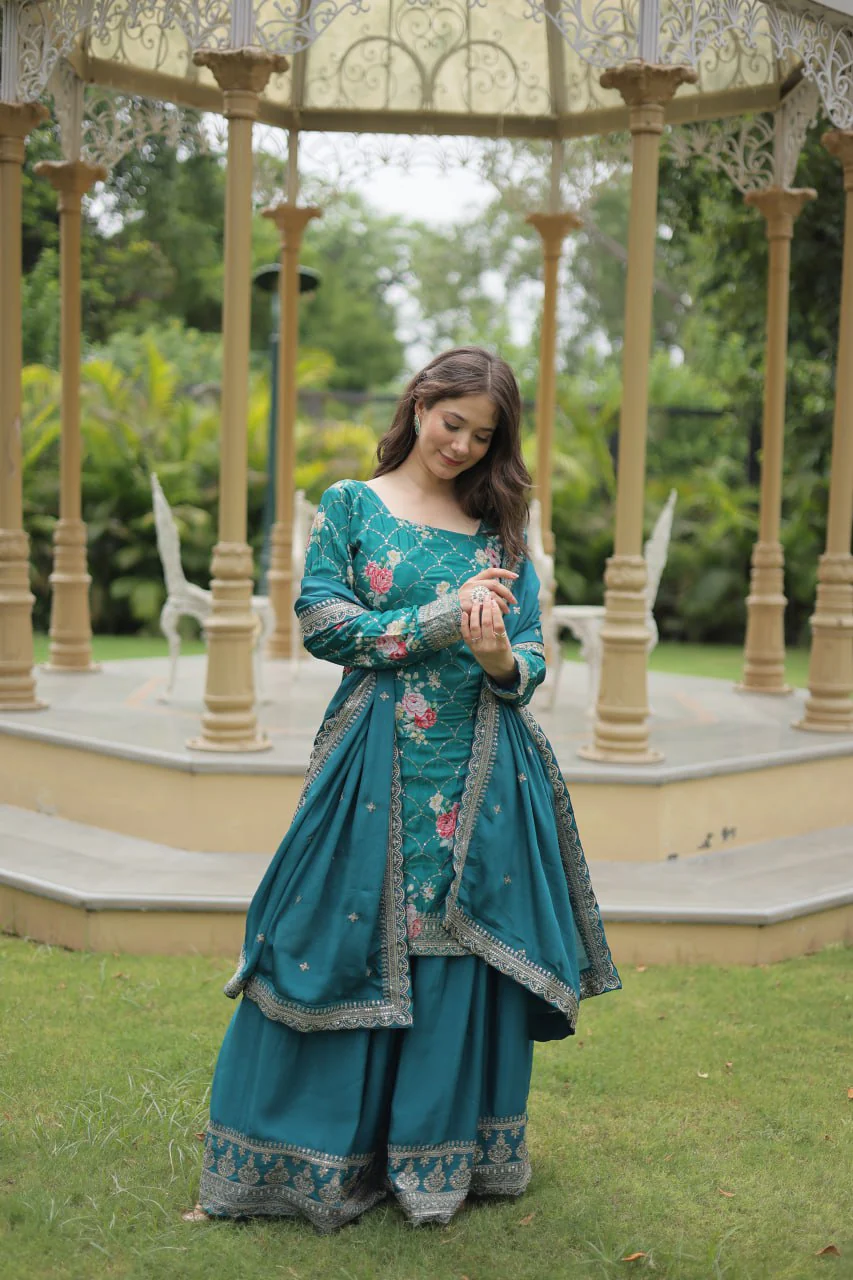 Designer Chinnon Printed With Embroidered Work Sharara Set - Image 7