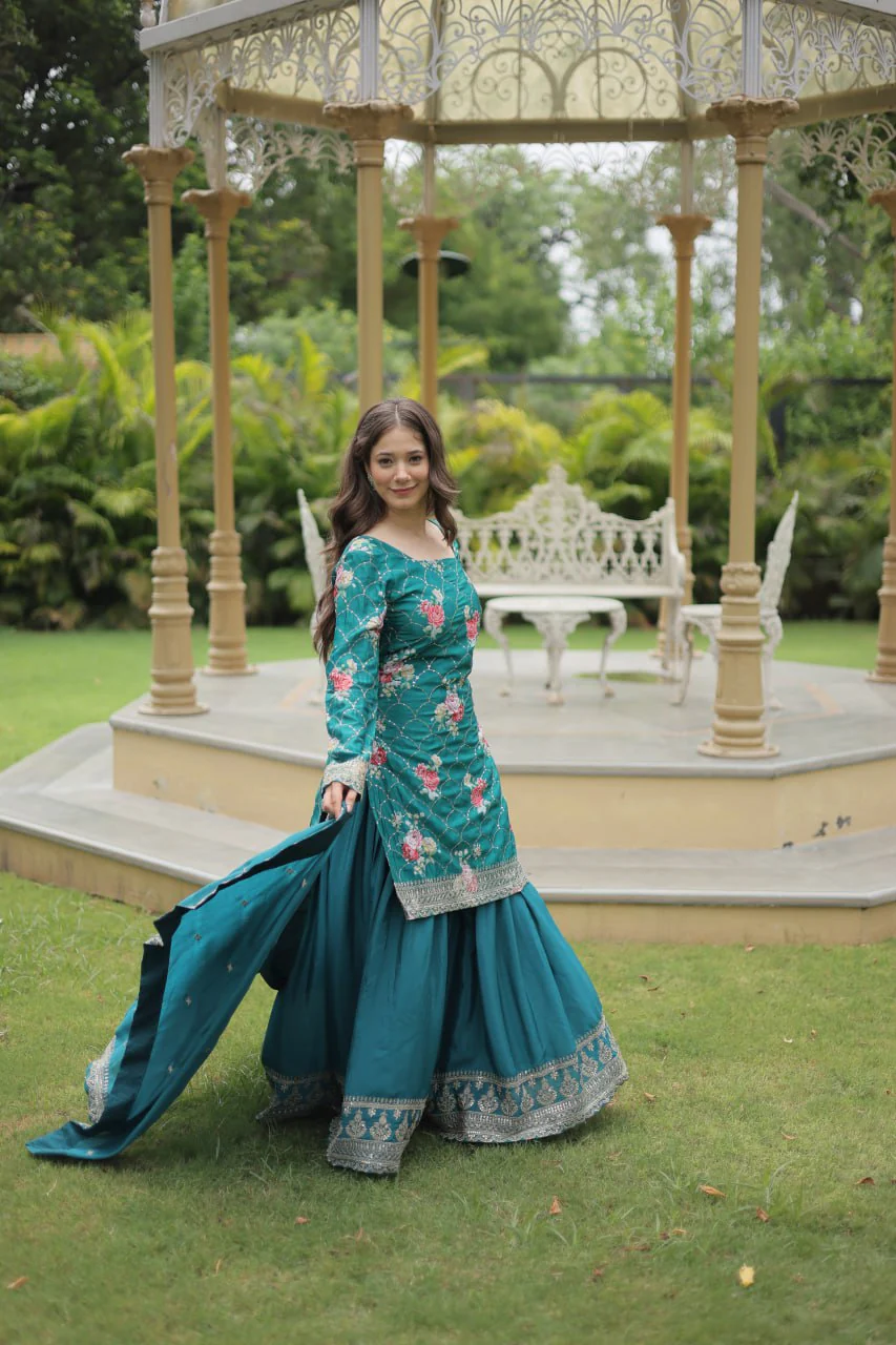 Designer Chinnon Printed With Embroidered Work Sharara Set - Image 8