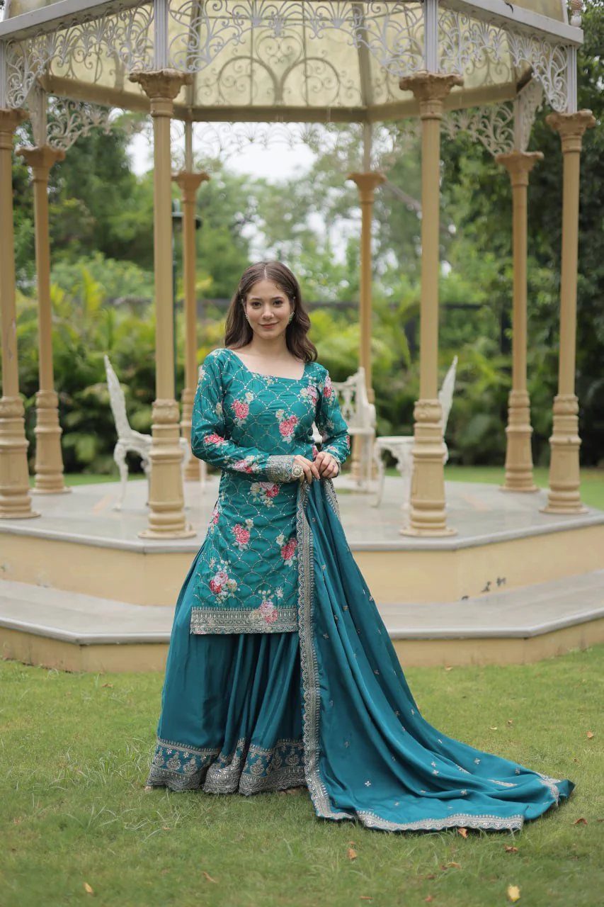 Designer Chinnon Printed With Embroidered Work Sharara Set - Image 9