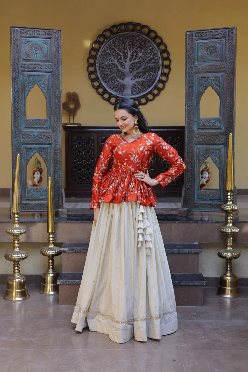Designer Cosmos Fabric Embroidery Lehenga Set With Peplum Blouse