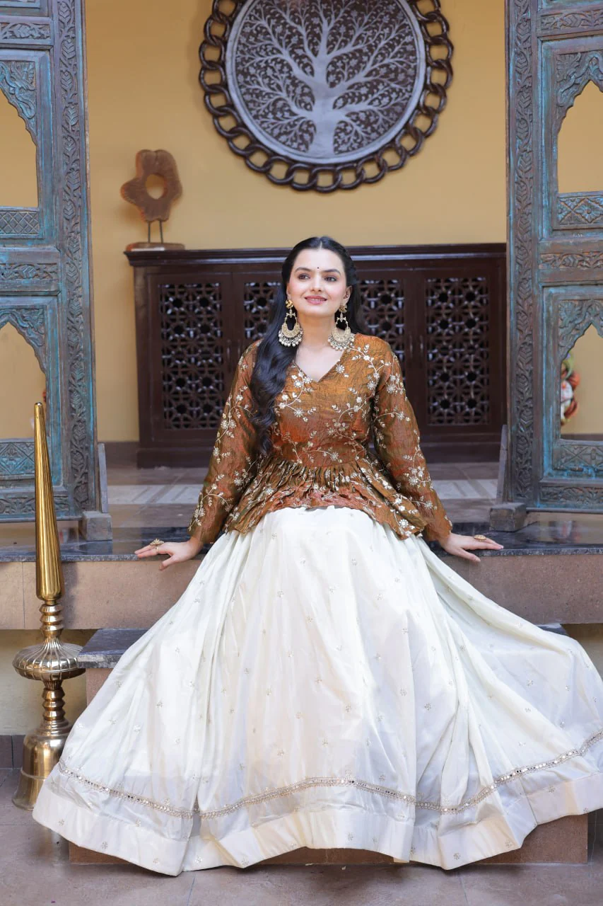Designer Cosmos Fabric Embroidery Lehenga Set With Peplum Blouse - Image 10