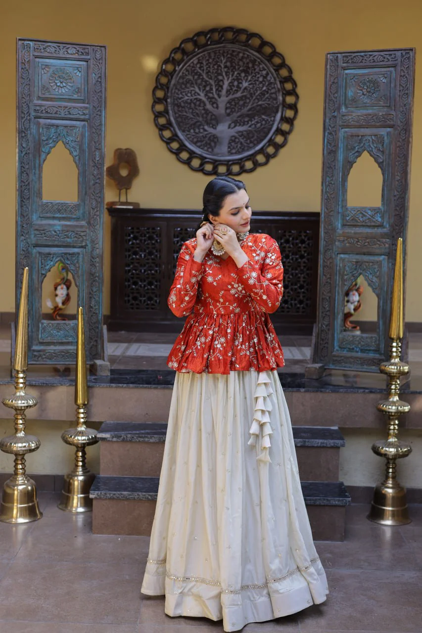 Designer Cosmos Fabric Embroidery Lehenga Set With Peplum Blouse - Image 2