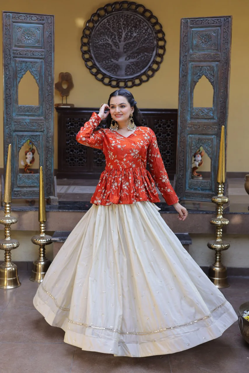 Designer Cosmos Fabric Embroidery Lehenga Set With Peplum Blouse - Image 3
