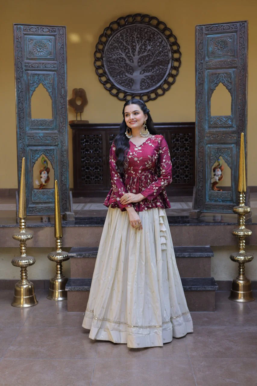 Designer Cosmos Fabric Embroidery Lehenga Set With Peplum Blouse - Image 4