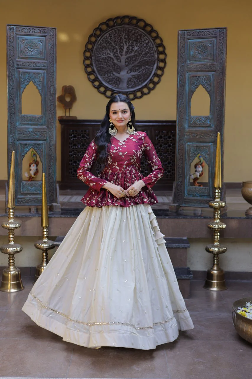 Designer Cosmos Fabric Embroidery Lehenga Set With Peplum Blouse - Image 5