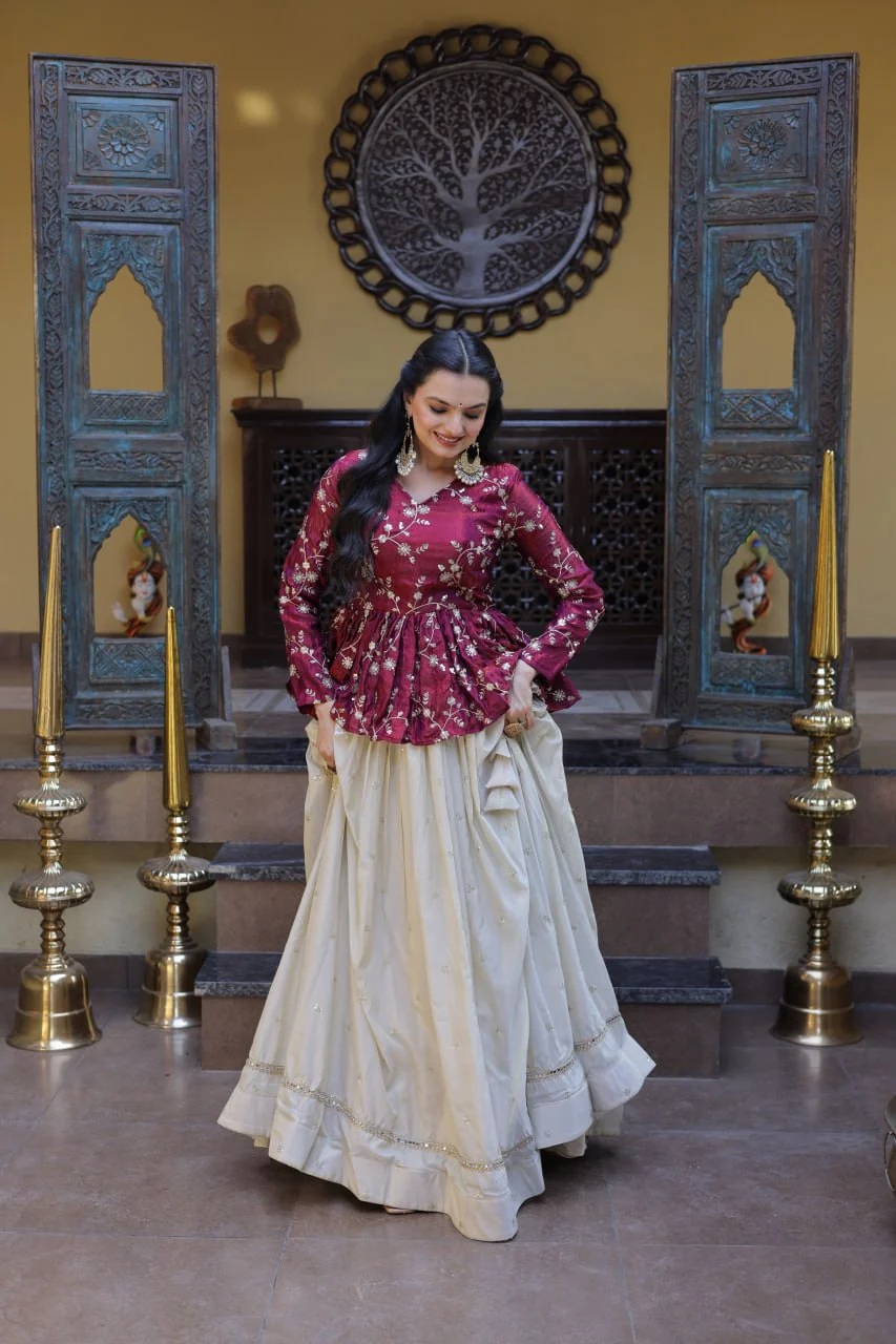 Designer Cosmos Fabric Embroidery Lehenga Set With Peplum Blouse - Image 6