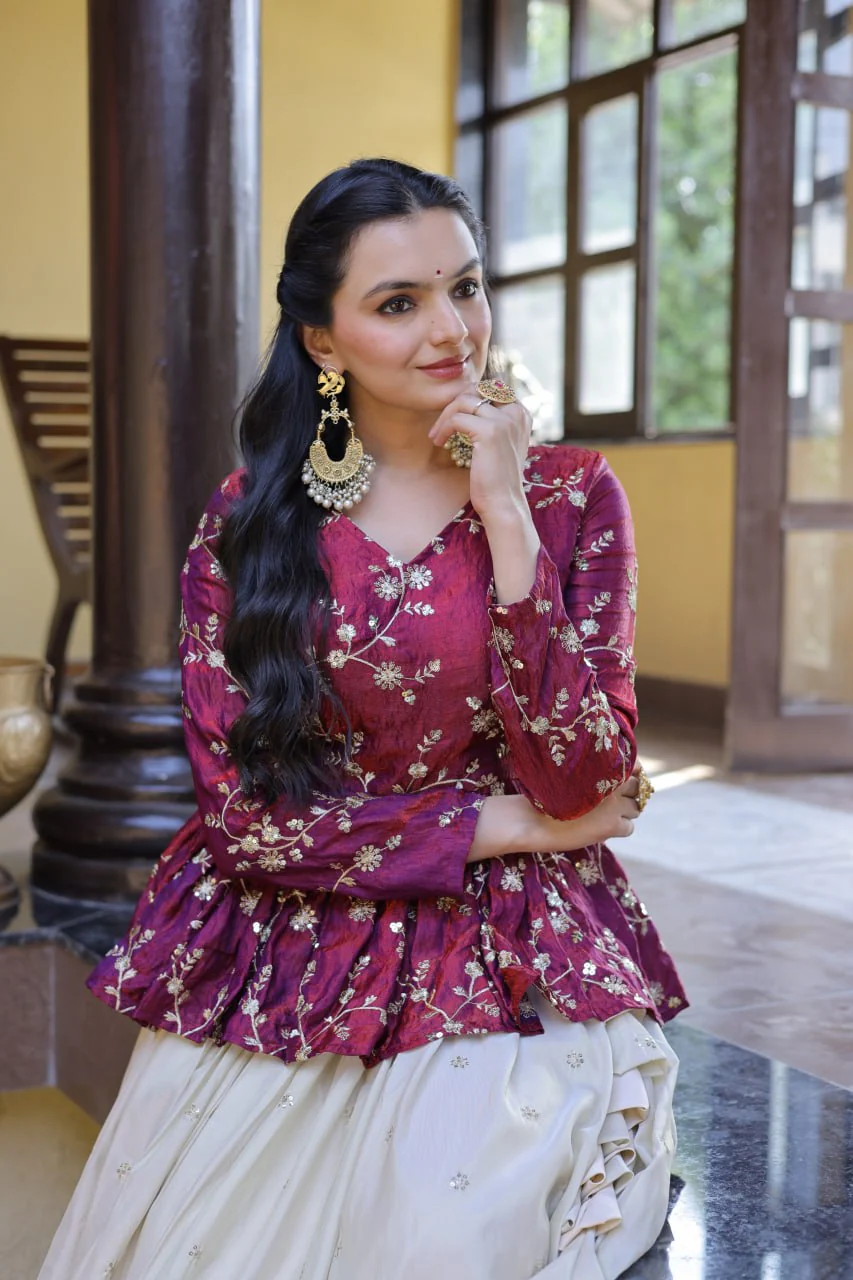 Designer Cosmos Fabric Embroidery Lehenga Set With Peplum Blouse - Image 7